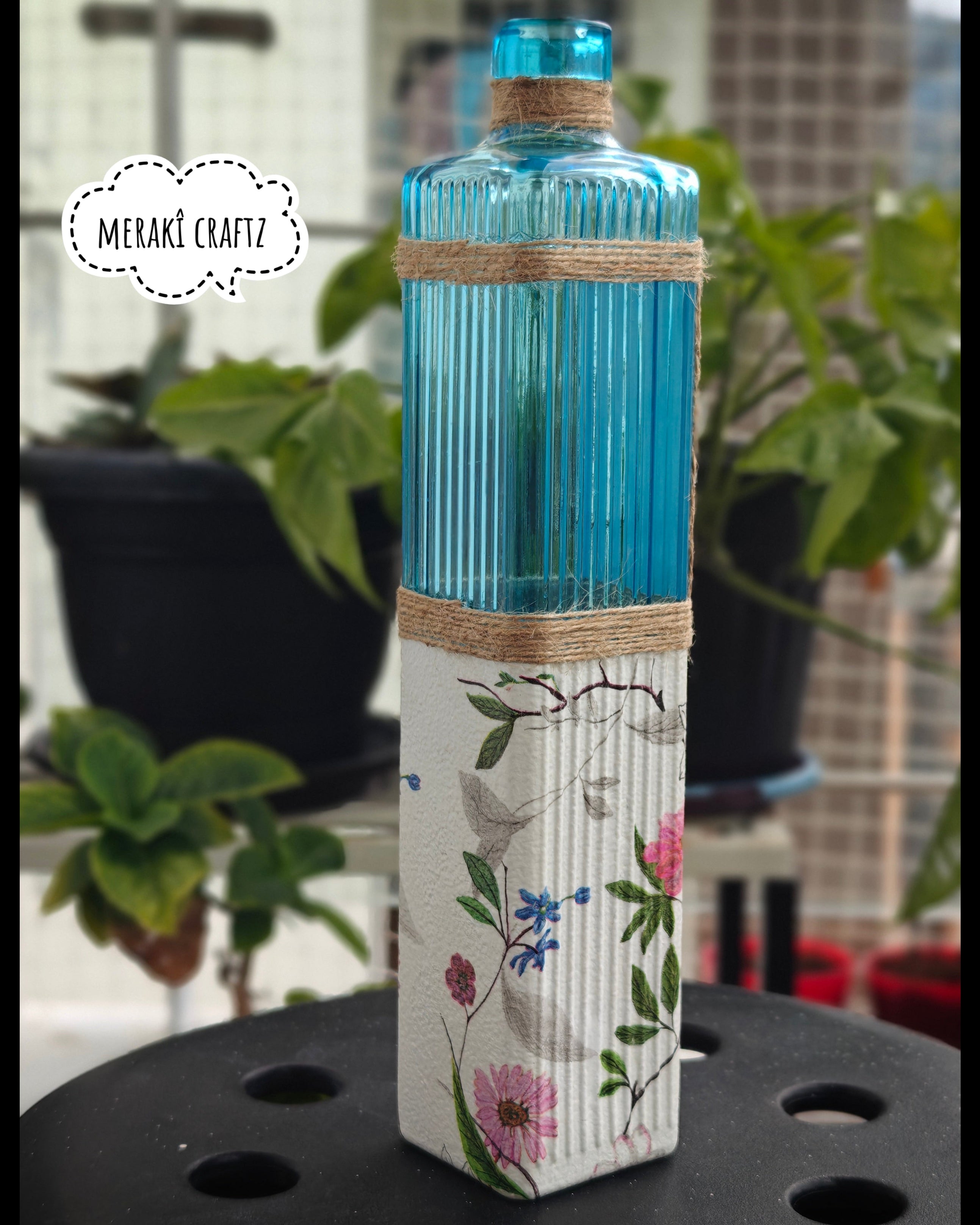 Upcycled Decorative Decoupaged Glass Bottle – Botanical Blue Elegance