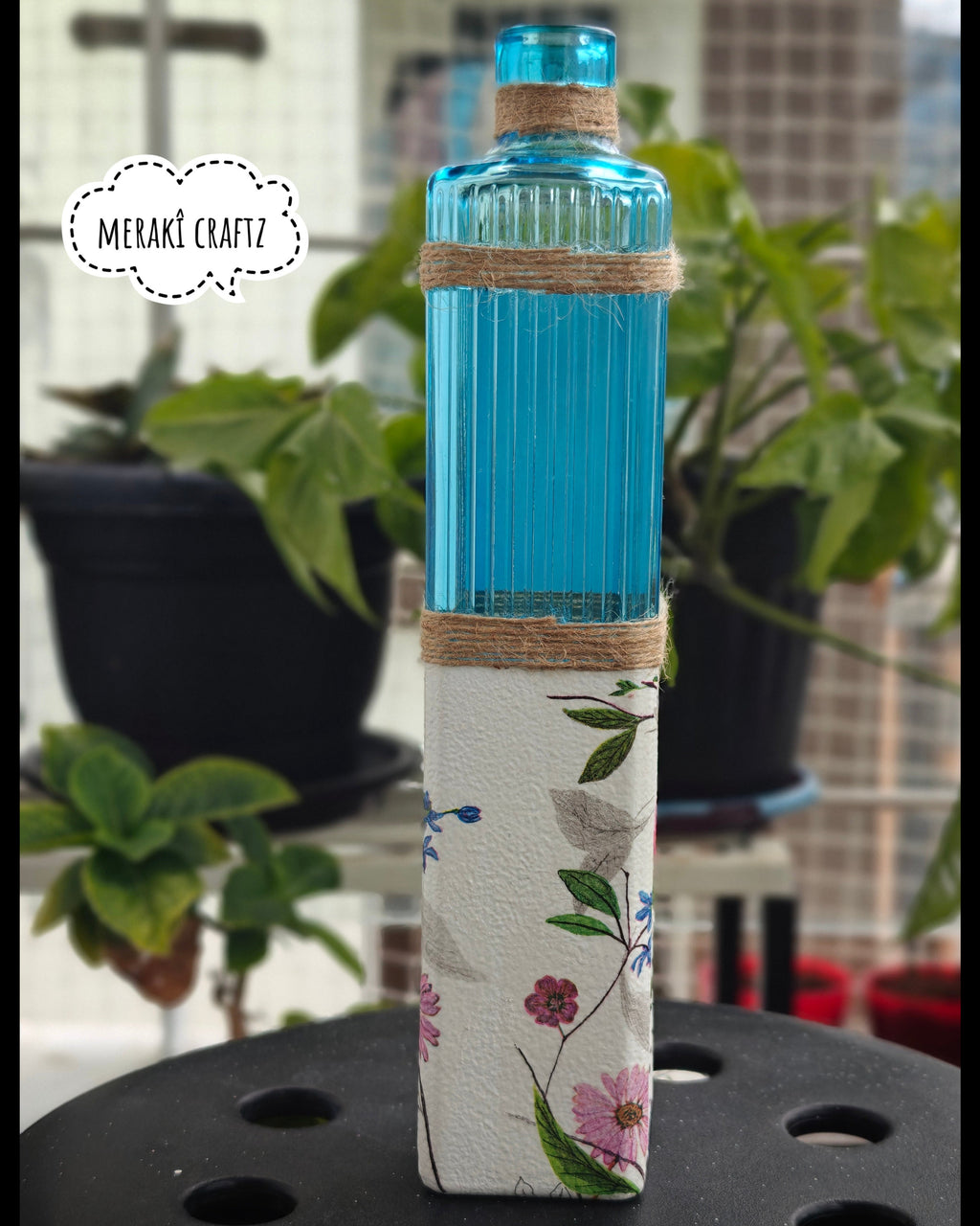 Upcycled Decorative Decoupaged Glass Bottle – Botanical Blue Elegance