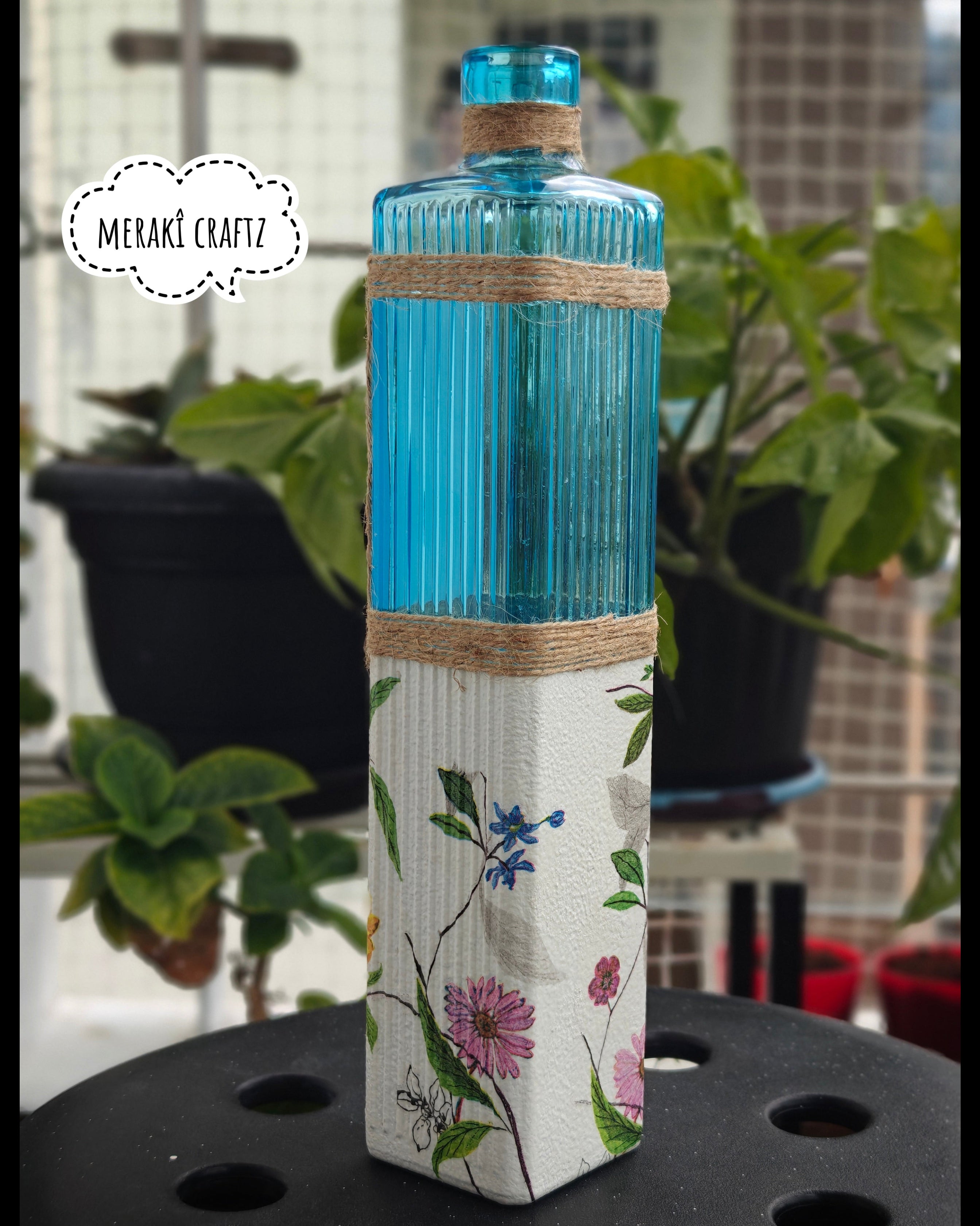 Upcycled Decorative Decoupaged Glass Bottle – Botanical Blue Elegance