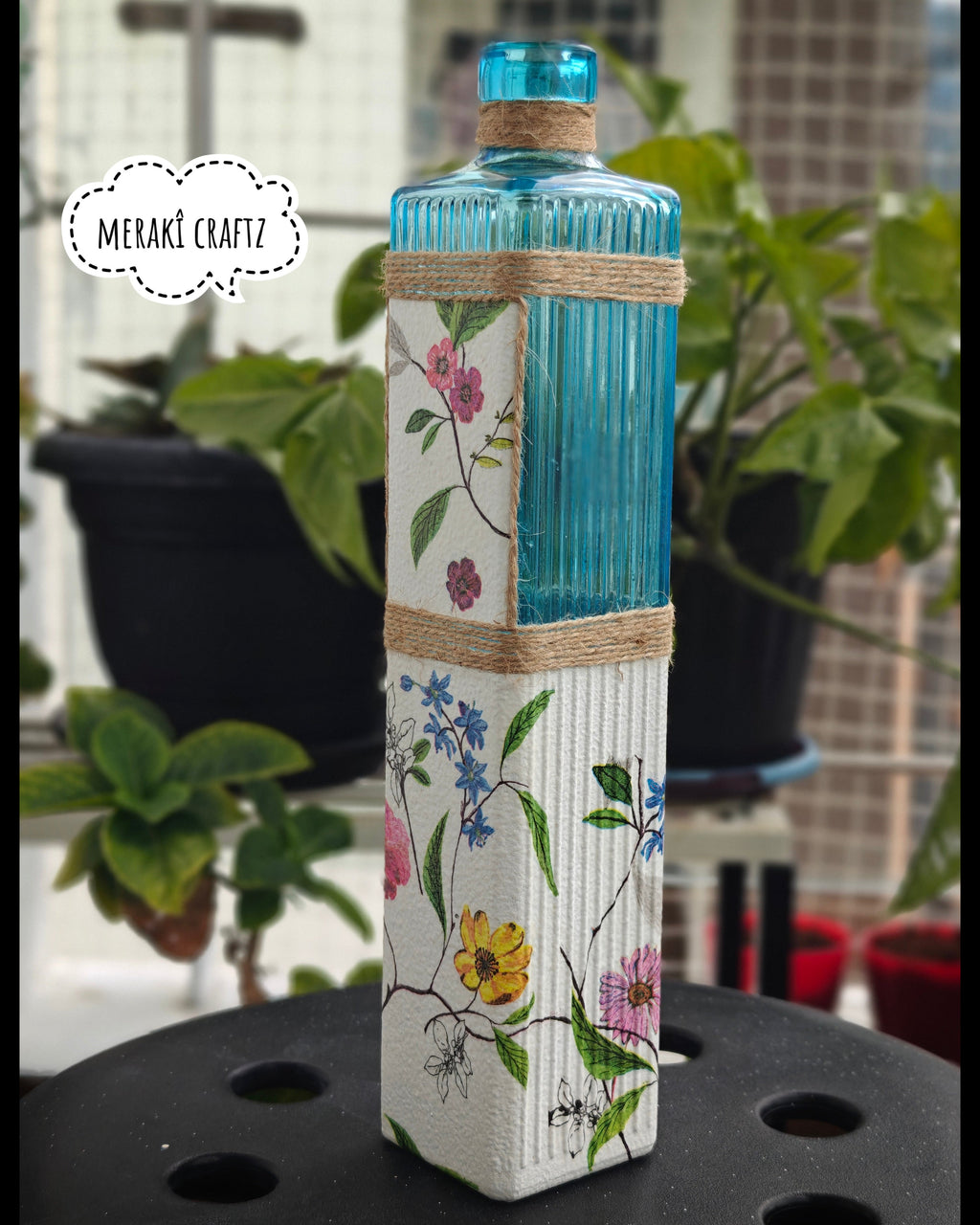 Upcycled Decorative Decoupaged Glass Bottle – Botanical Blue Elegance