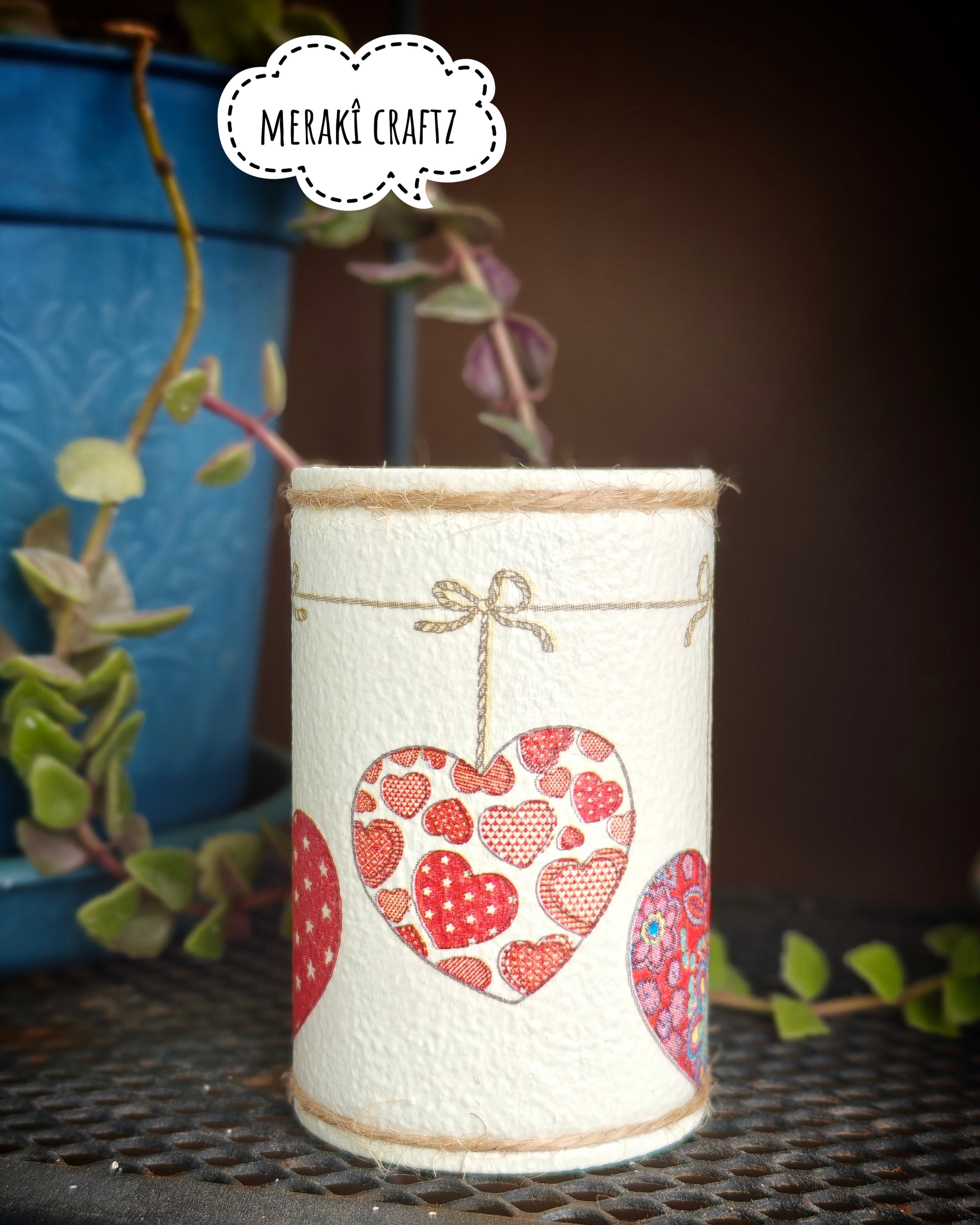 Handcrafted Upcycled Tin Can Organiser – Hearts of Love