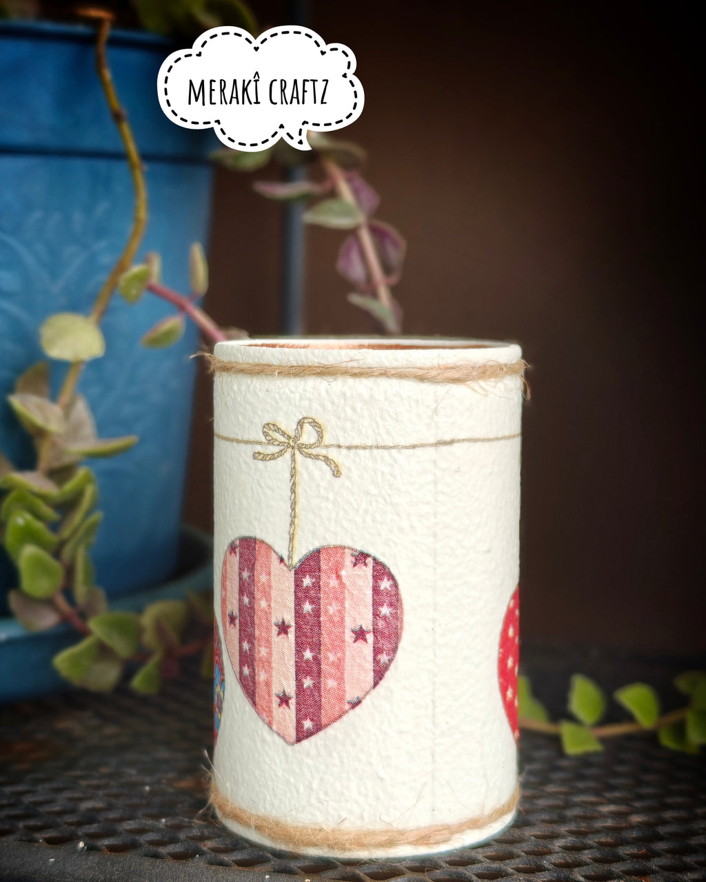 Handcrafted Upcycled Tin Can Organiser – Hearts of Love