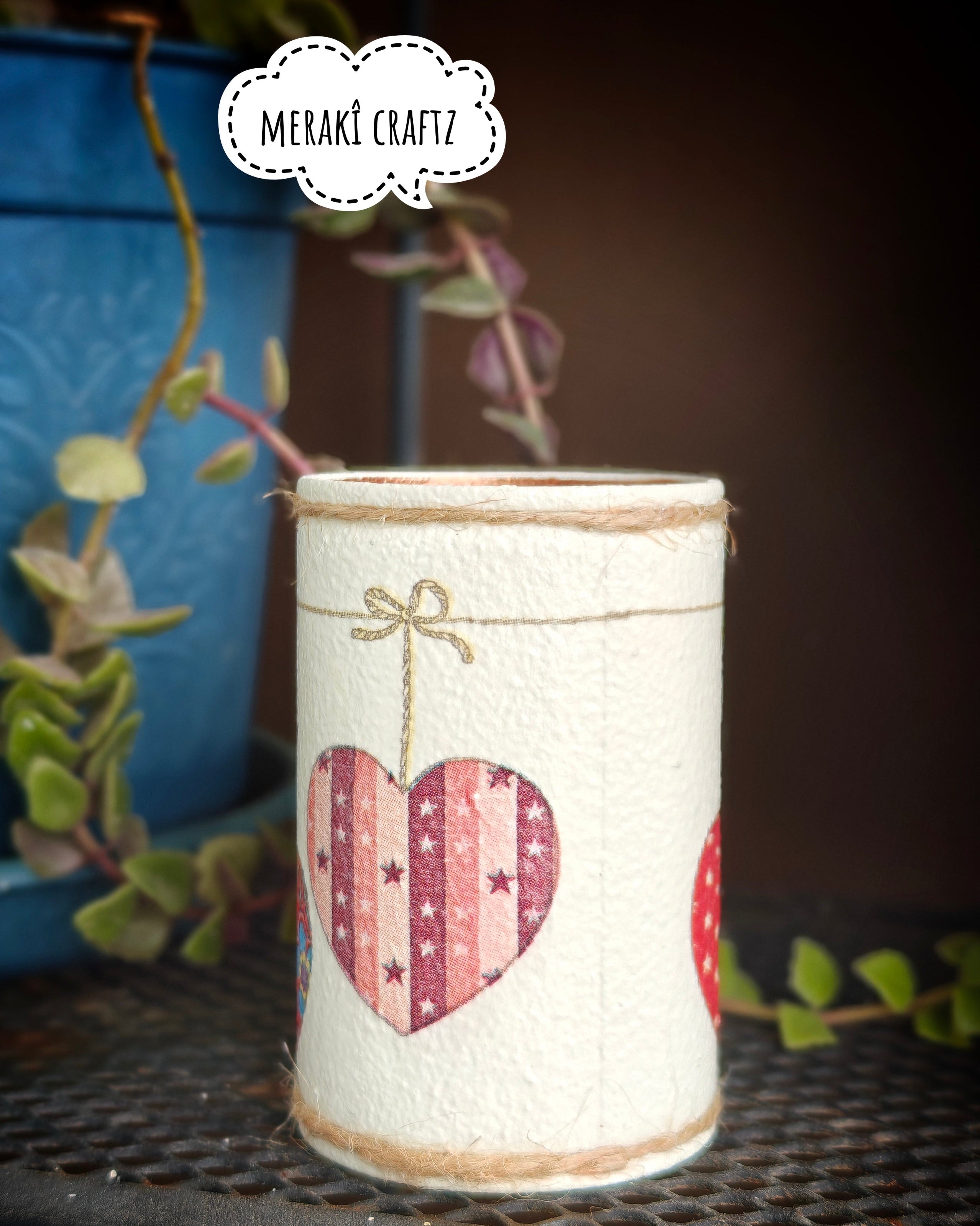 Handcrafted Upcycled Tin Can Organiser – Hearts of Love