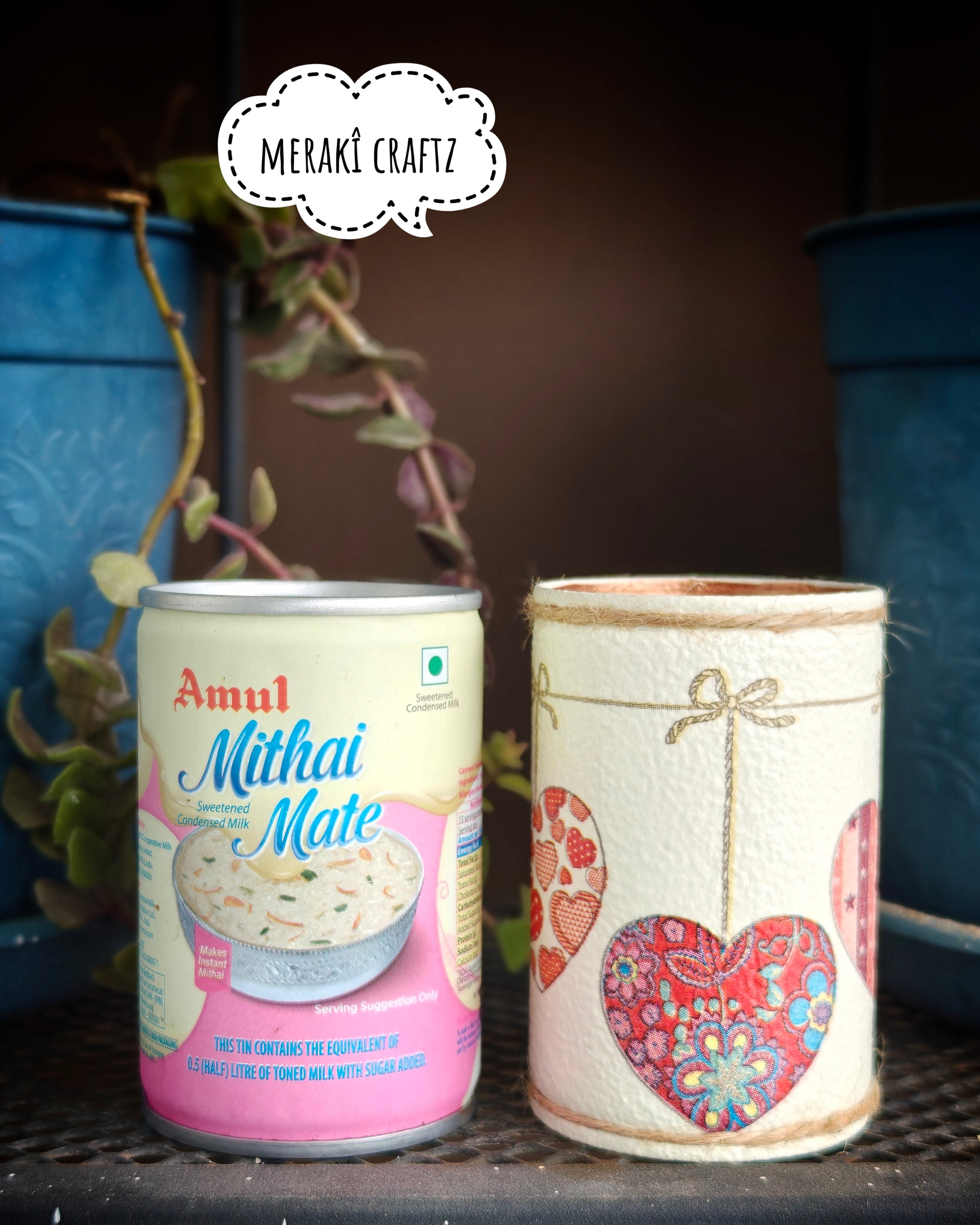 Handcrafted Upcycled Tin Can Organiser – Hearts of Love