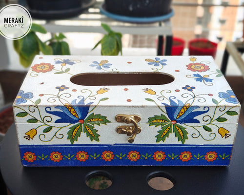Decoupaged MDF Tissue Box Holder – Folk Floral Blue