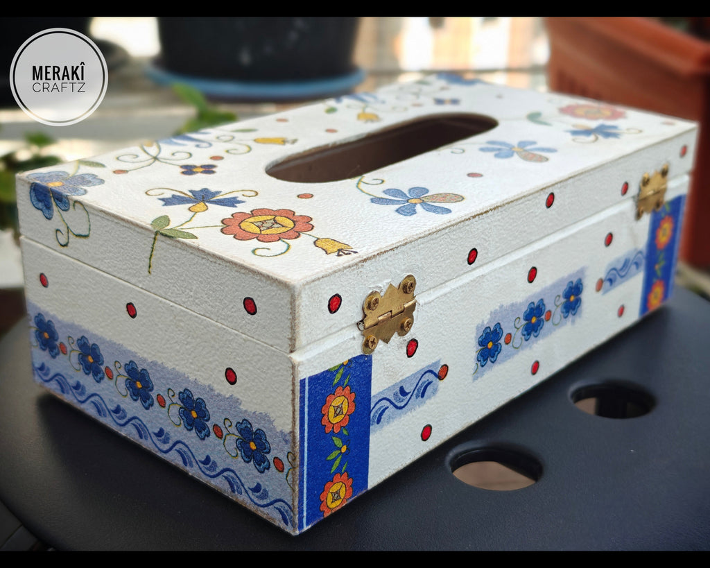 Decoupaged MDF Tissue Box Holder – Folk Floral Blue