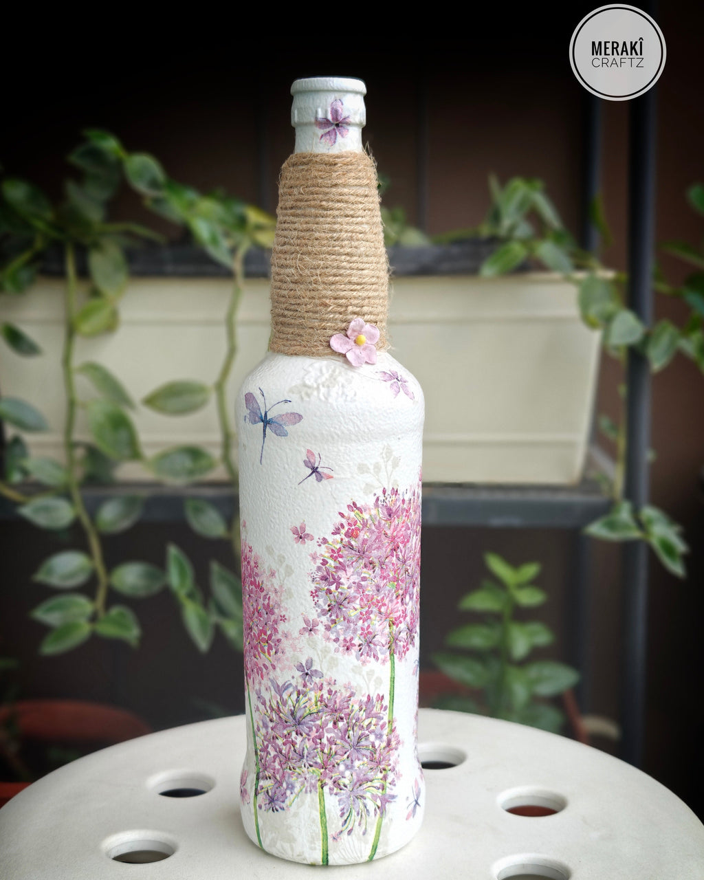 Upcycled Decorative Decoupaged Glass Bottle – Blush Bloom Garden