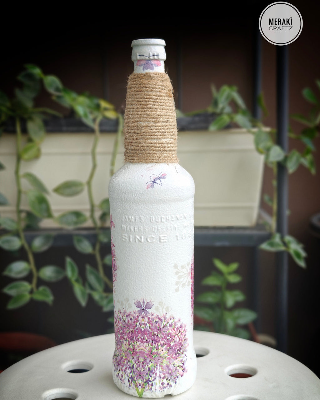 Upcycled Decorative Decoupaged Glass Bottle – Blush Bloom Garden