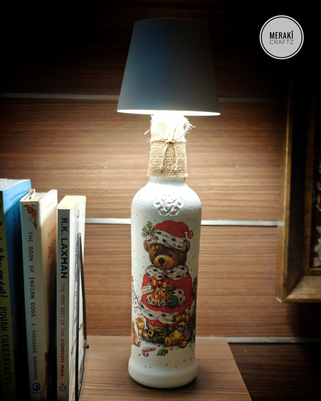 Upcycled Decorative Decoupaged Glass Bottle – Christmas Teddy Wishes