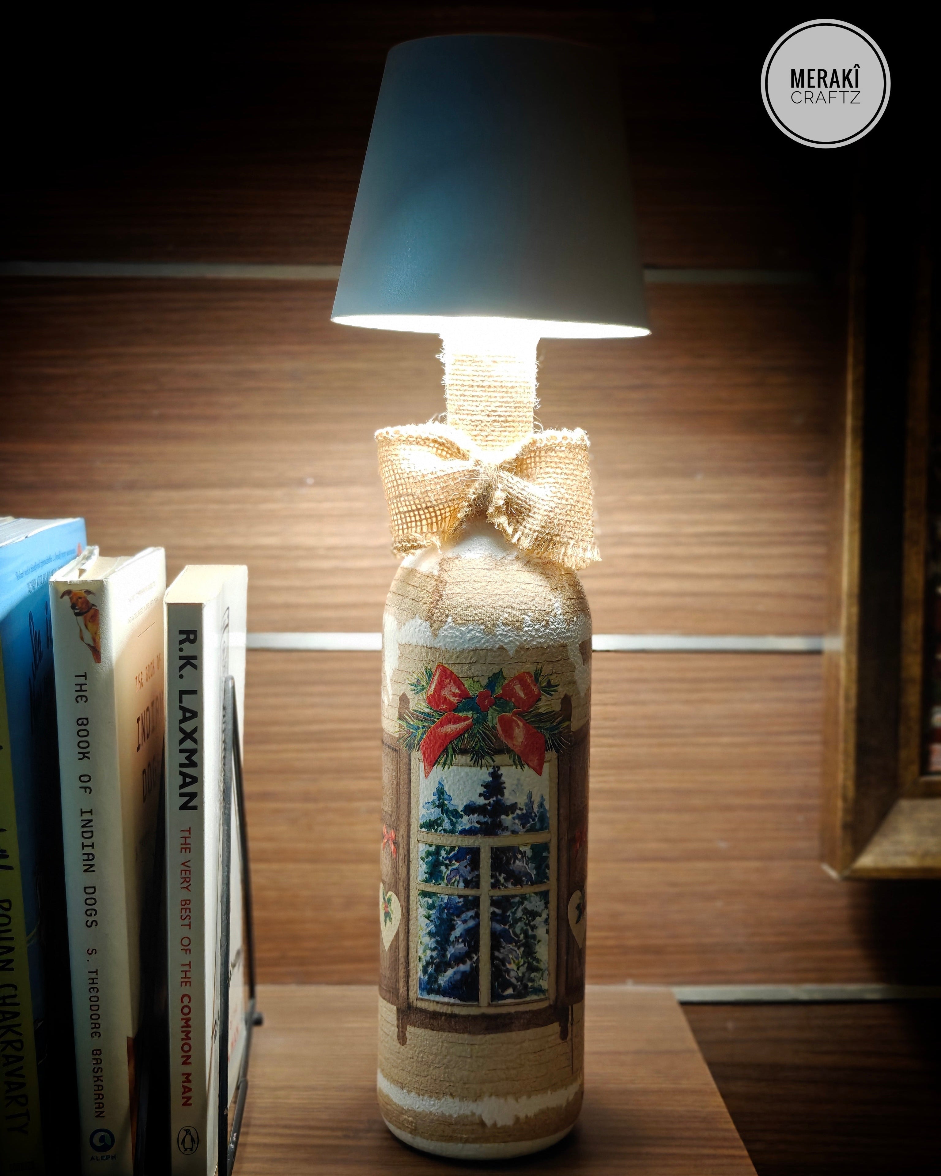 Upcycled Decorative Decoupaged Glass Bottle – Cozy Winter Cottage