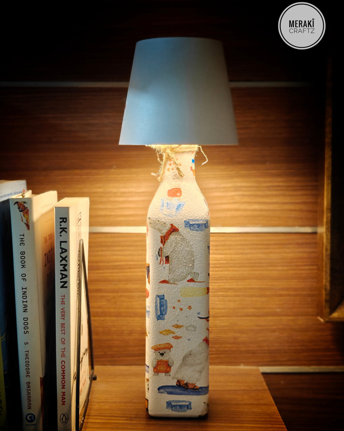 Handcrafted Upcycled Decoupaged Glass Bottle / Table Lamp – Polar Bear Winter Wonderland