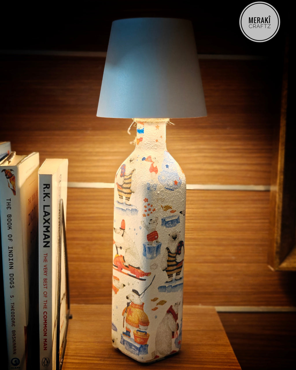 Handcrafted Upcycled Decoupaged Glass Bottle / Table Lamp – Polar Bear Winter Wonderland