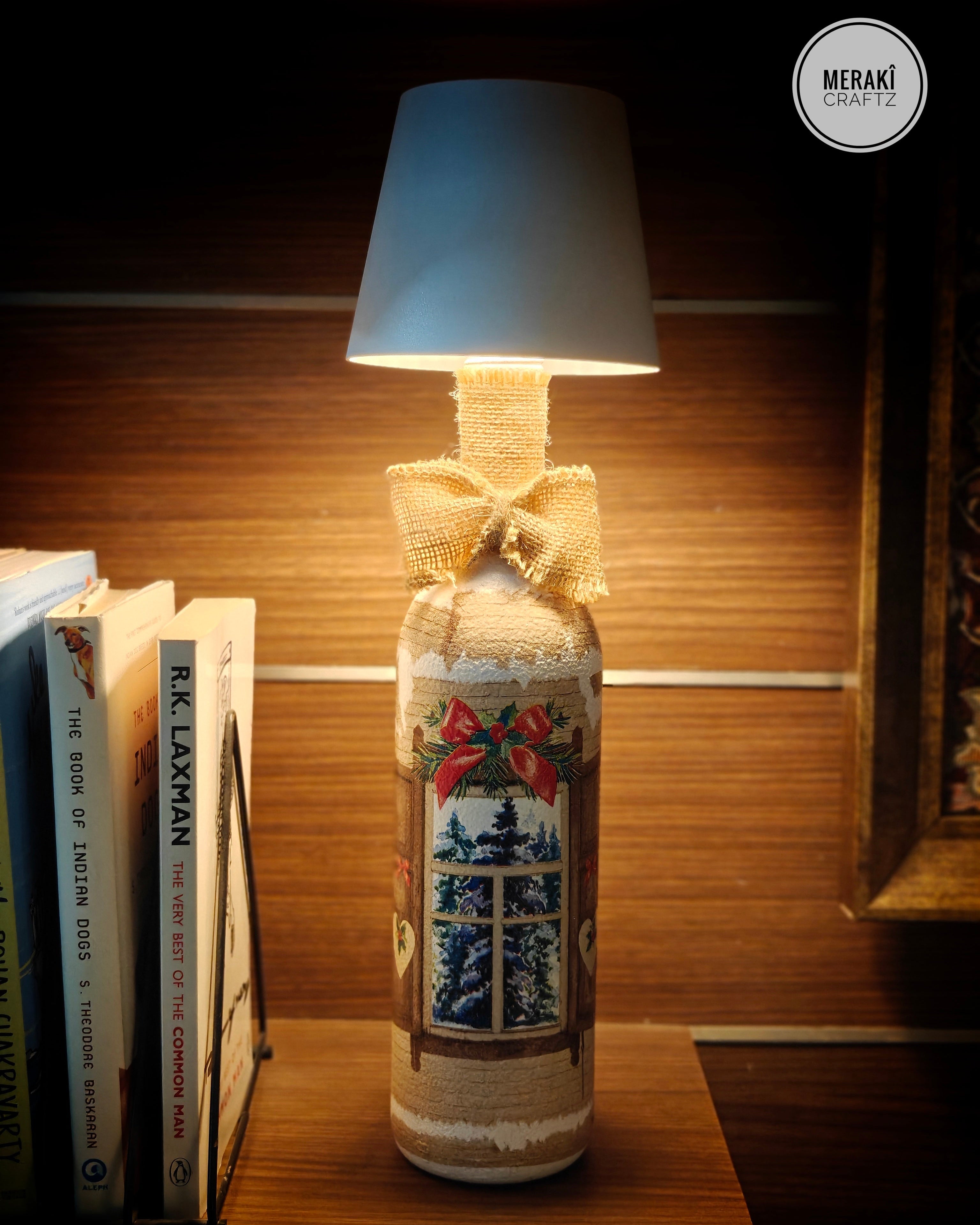 Upcycled Decorative Decoupaged Glass Bottle – Cozy Winter Cottage