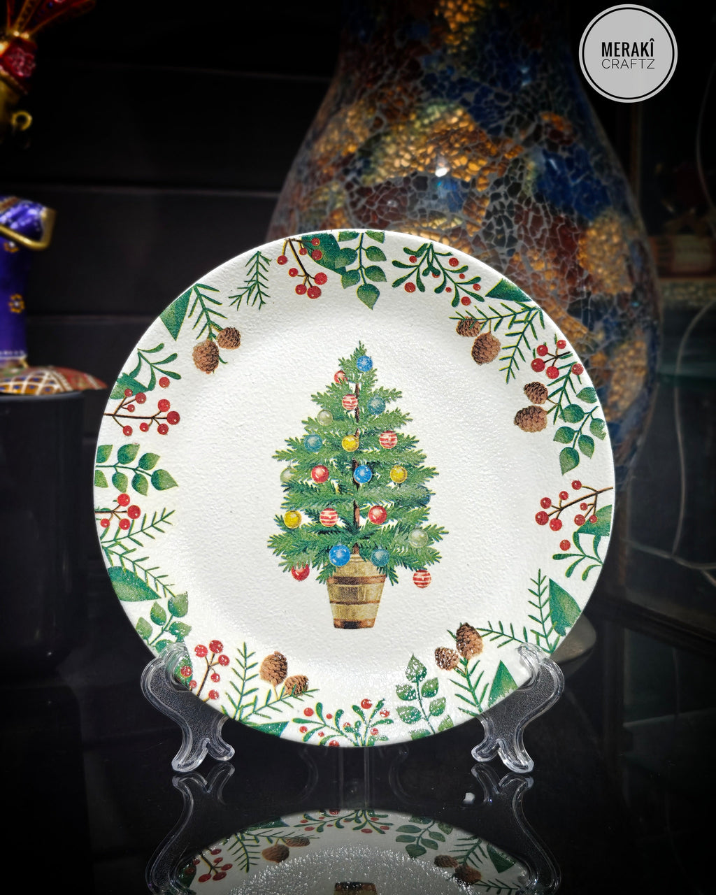 Handcrafted Decoupaged Glass Decorative Plate – Christmas Tree Celebration