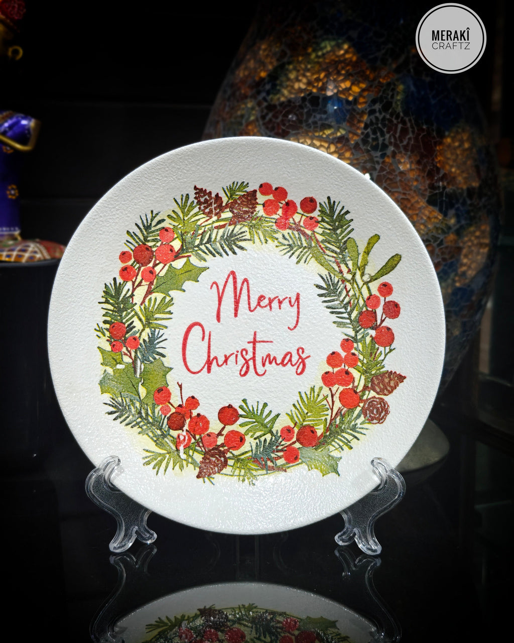 Handcrafted Decoupaged Glass Decorative Plate - Christmas Wreath Greetings