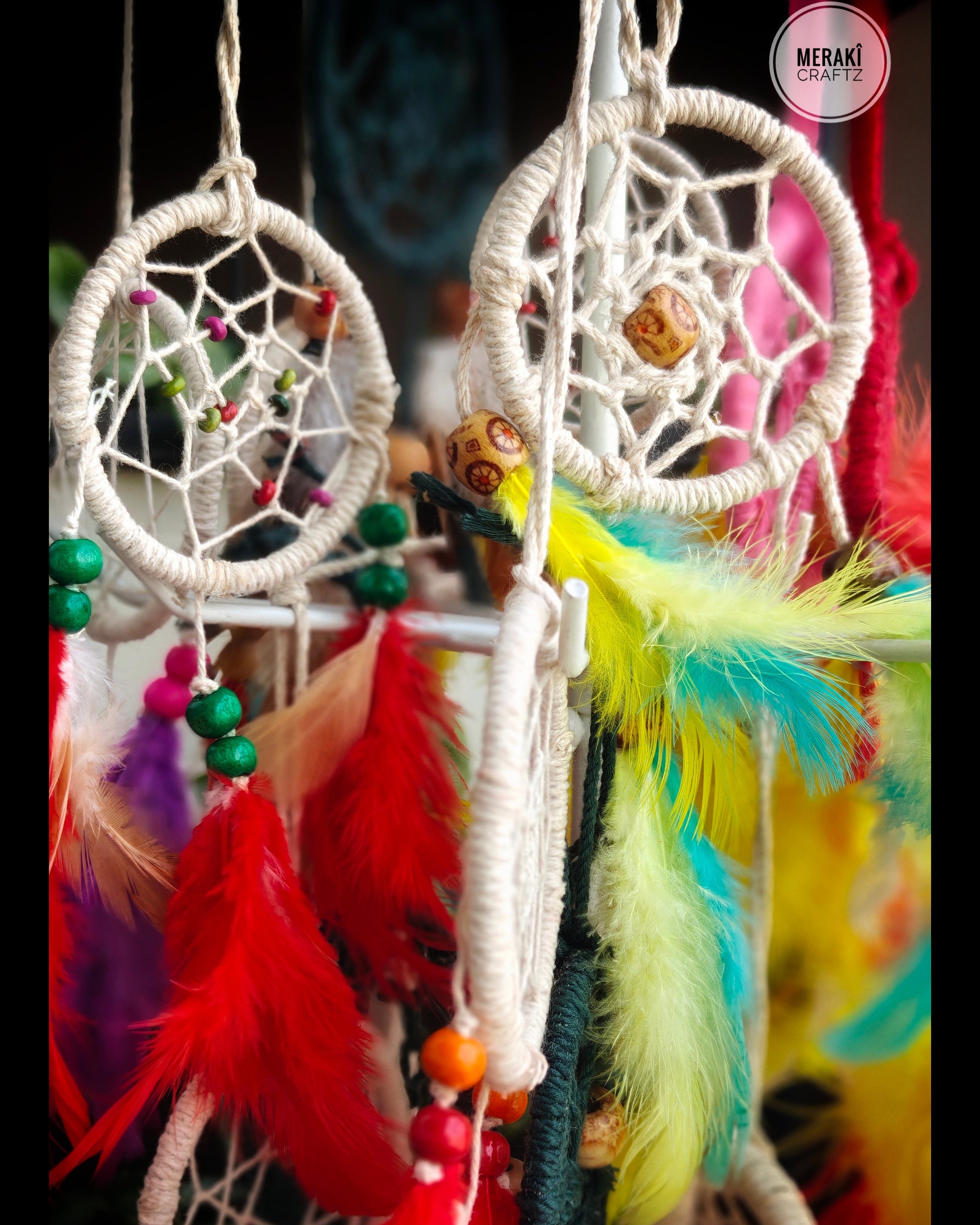 Handcrafted Upcycled Macramé Dreamcatcher – Bohemian Feather Charm (Tropical)
