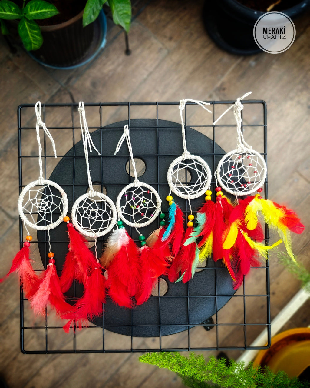 Handcrafted Upcycled Macramé Dreamcatcher – Bohemian Feather Charm (Red)