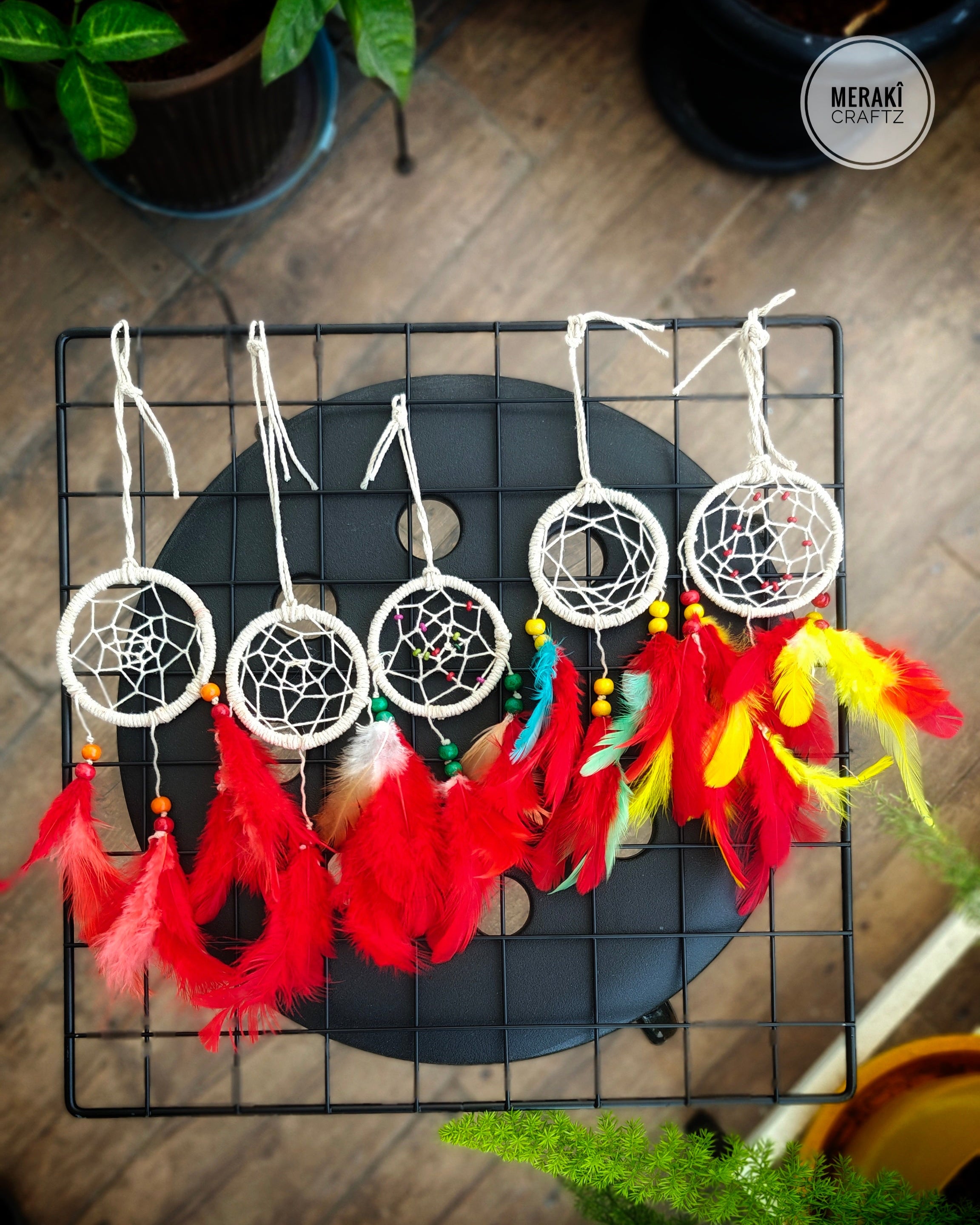 Handcrafted Upcycled Macramé Dreamcatcher – Bohemian Feather Charm (Red)