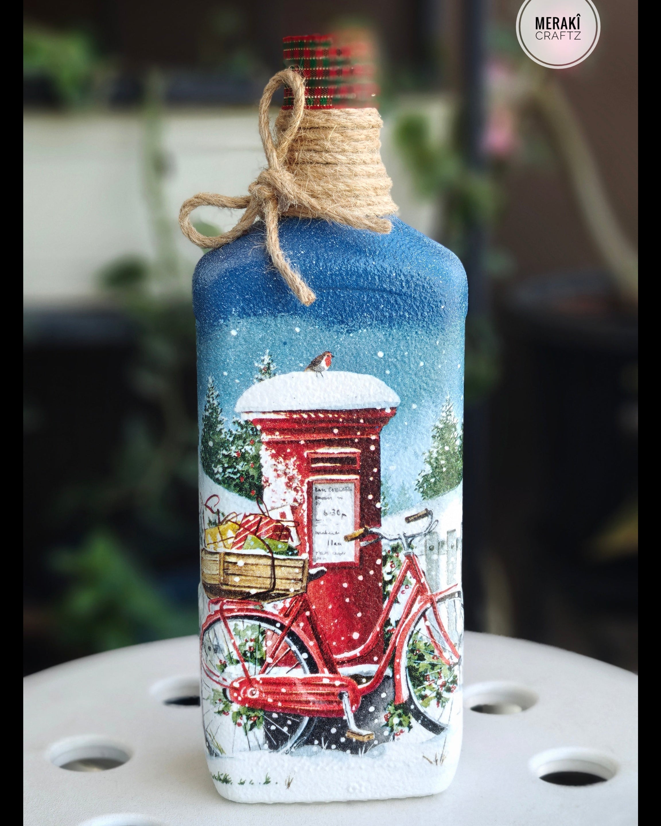Handcrafted Upcycled Decoupaged Glass Bottle / Table Lamp – Christmas Postbox & Bicycle