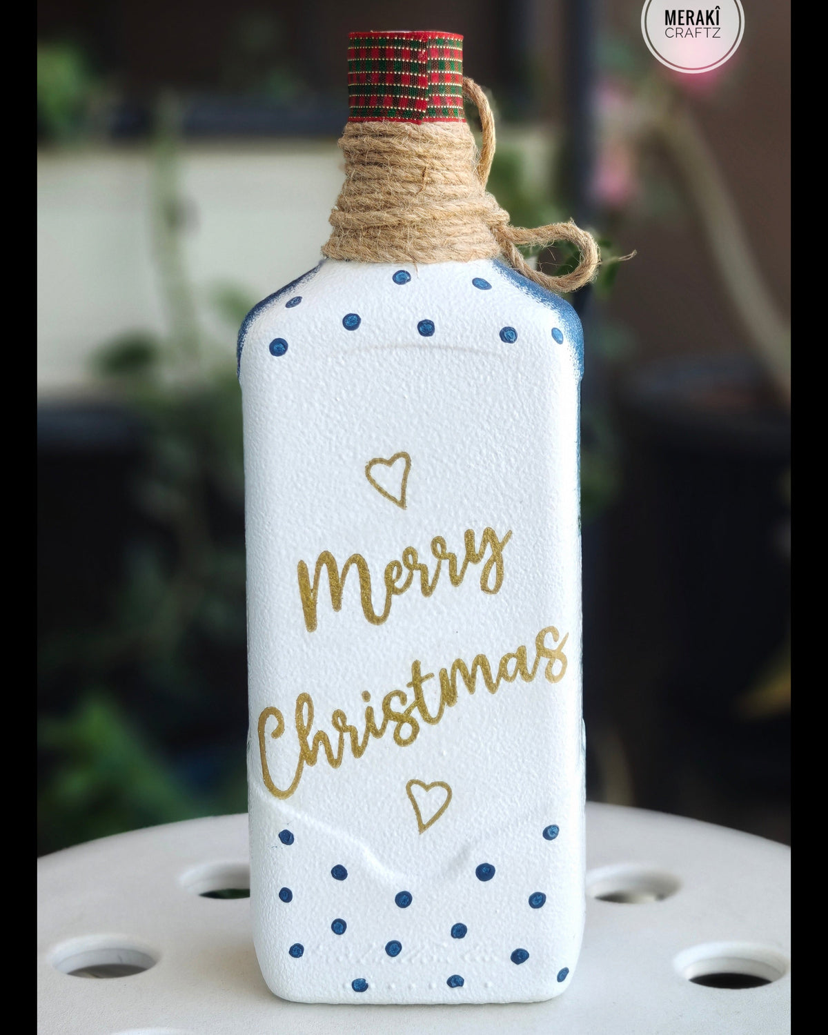Handcrafted Upcycled Decoupaged Glass Bottle / Table Lamp – Christmas Postbox & Bicycle