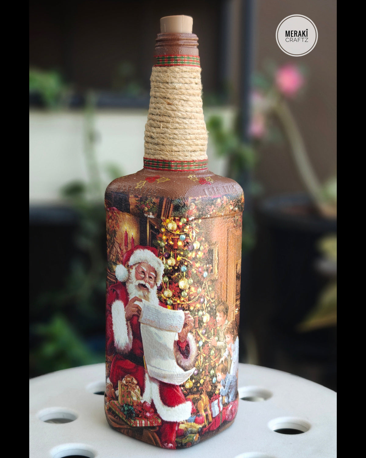 Handcrafted Upcycled Decoupaged Glass Bottle with Cork Light – Santa’s Christmas Celebration