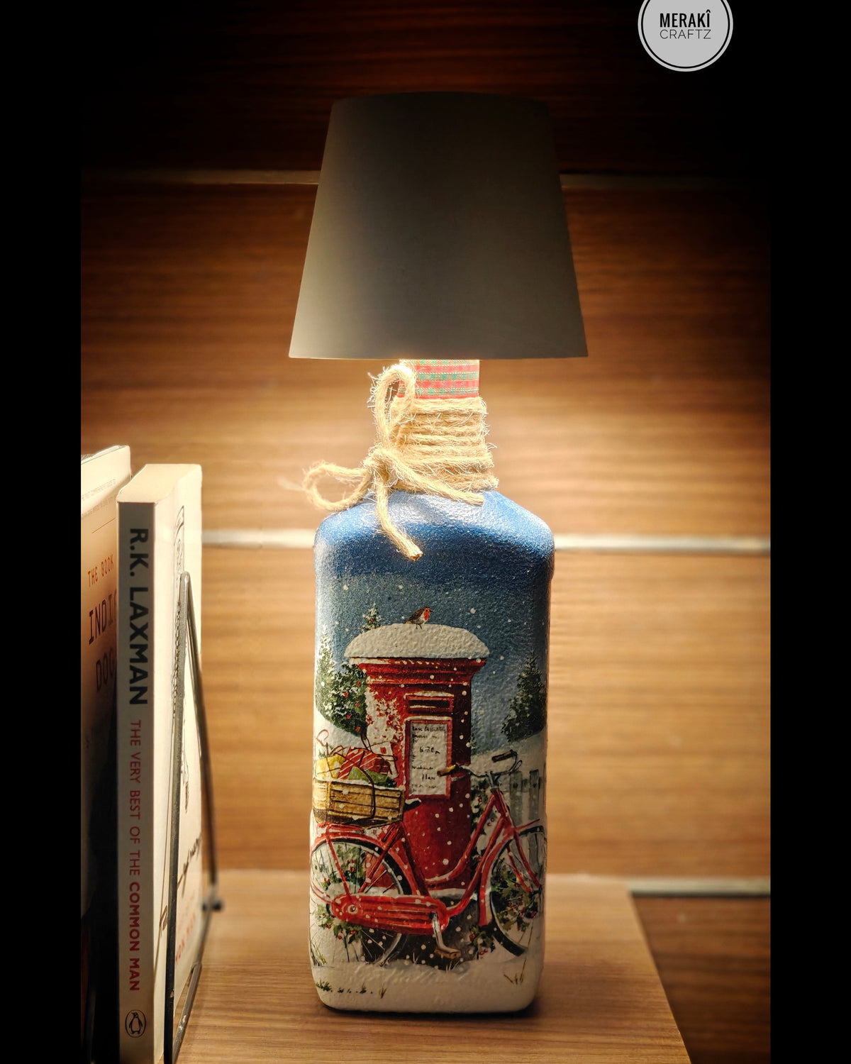 Handcrafted Upcycled Decoupaged Glass Bottle / Table Lamp – Christmas Postbox & Bicycle