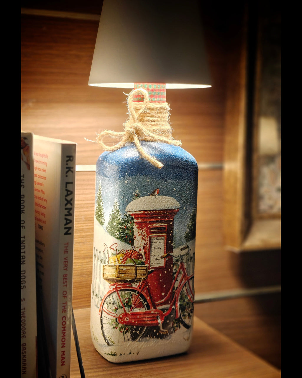 Handcrafted Upcycled Decoupaged Glass Bottle / Table Lamp – Christmas Postbox & Bicycle