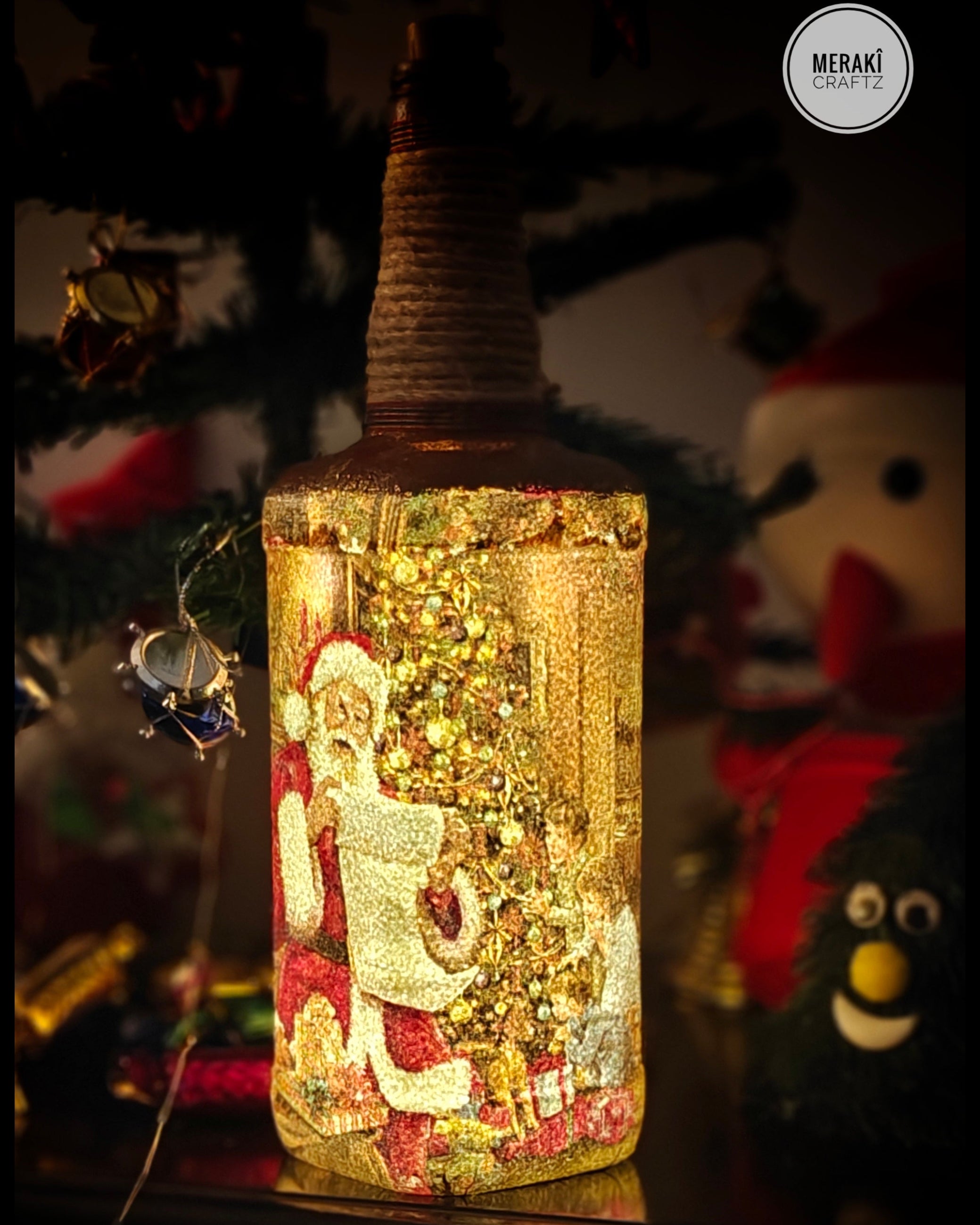Handcrafted Upcycled Decoupaged Glass Bottle with Cork Light – Santa’s Christmas Celebration