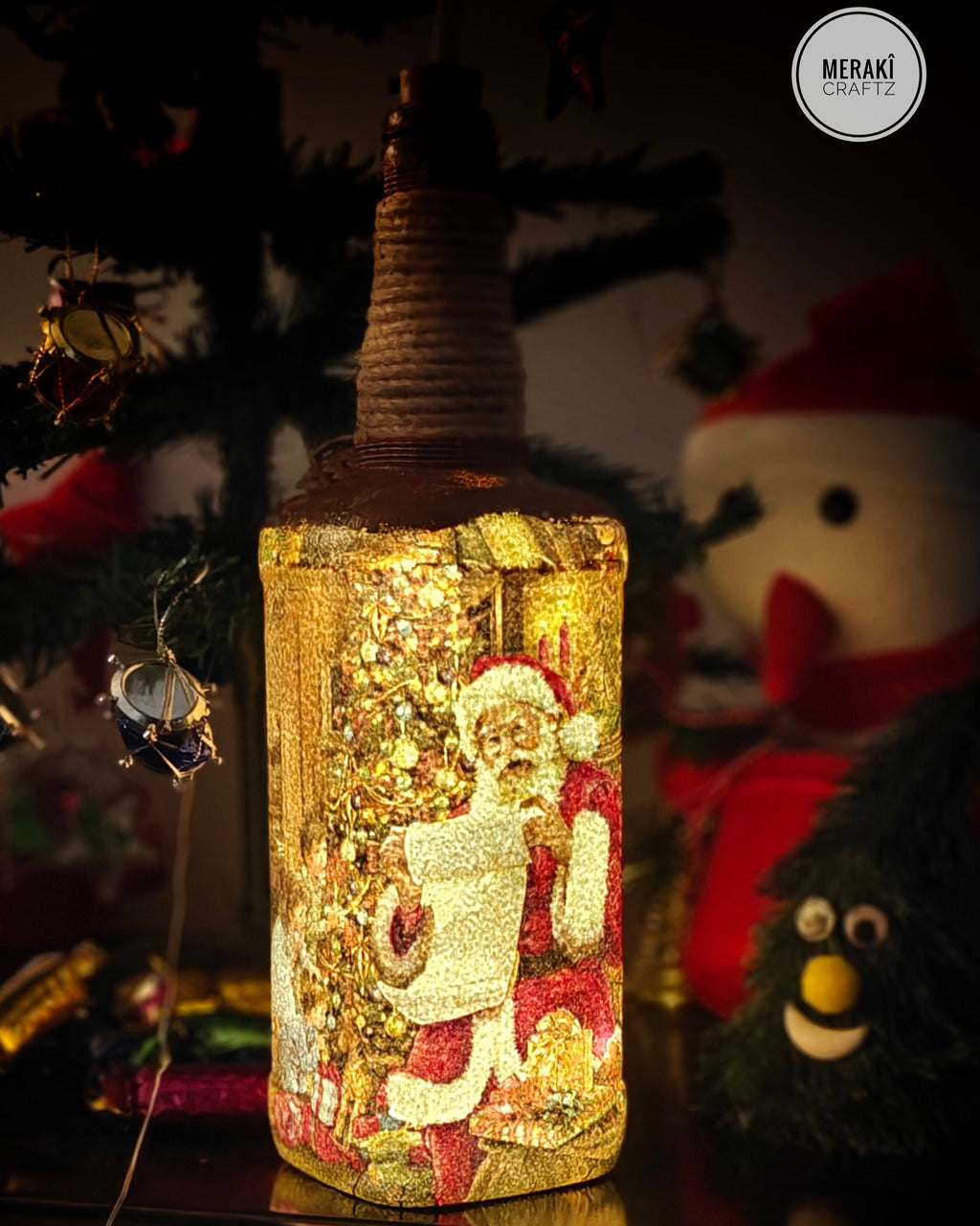 Handcrafted Upcycled Decoupaged Glass Bottle with Cork Light – Santa’s Christmas Celebration