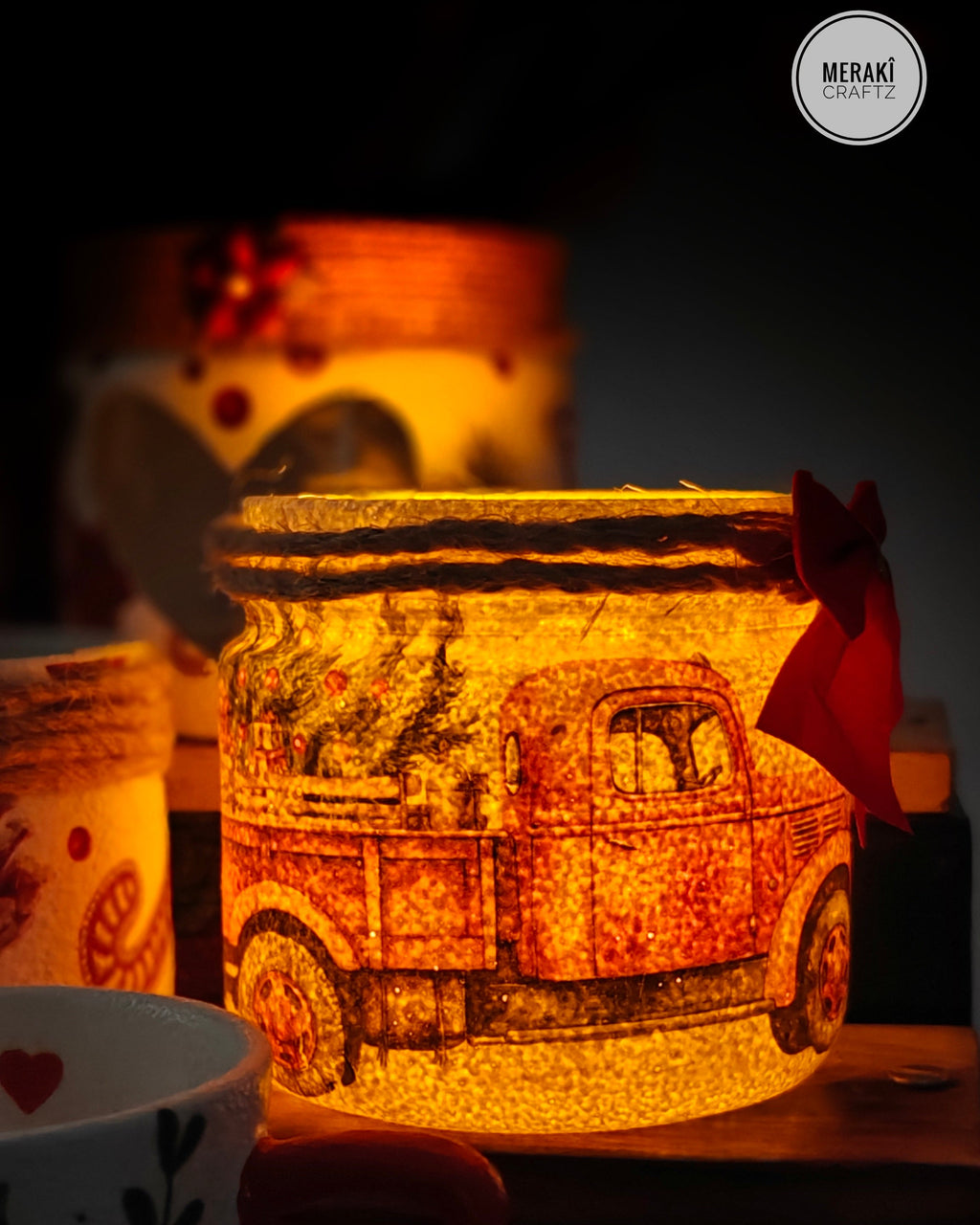 Handcrafted Upcycled Glass Jar – Vintage Christmas Truck & Tree