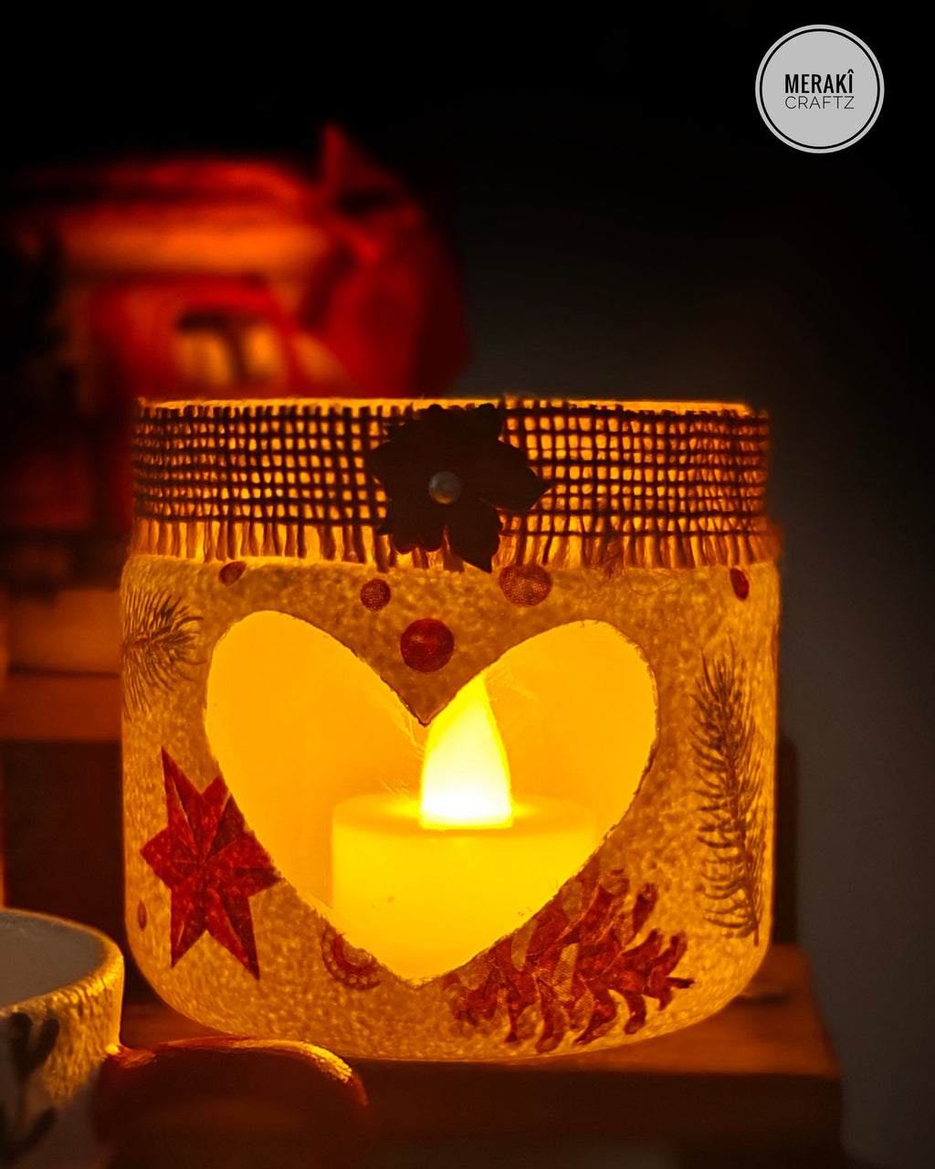 Handcrafted Upcycled Glass Jar Lantern & Organiser – Christmas Heart & Woodland Charm