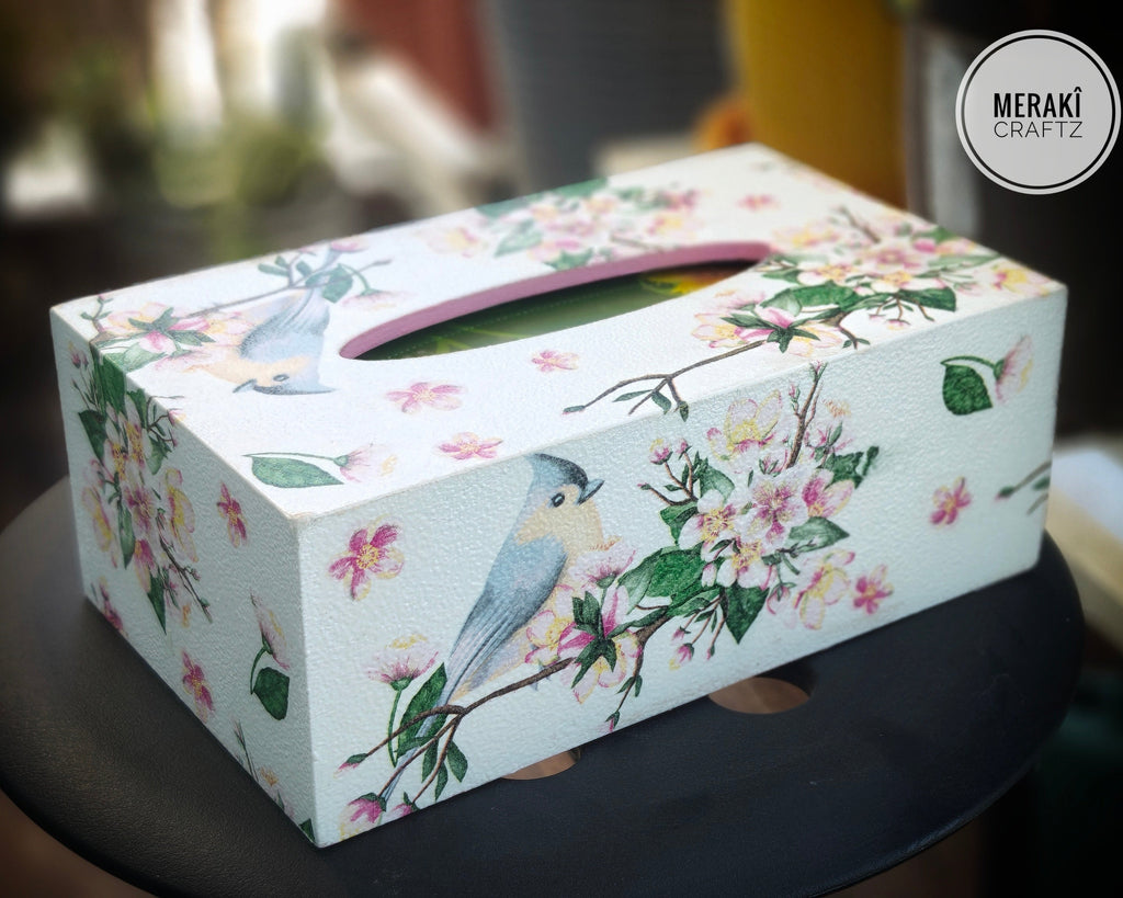 Decoupaged MDF Tissue Box Holder – Cherry Blossom Bird Garden
