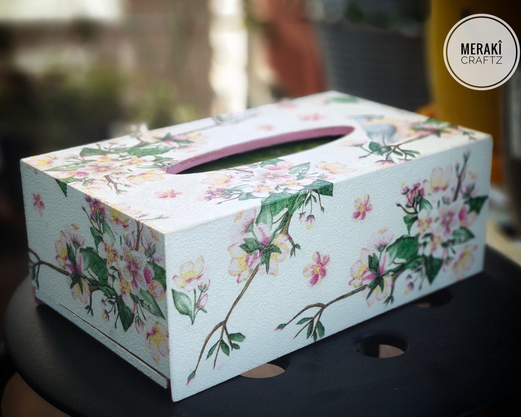 Decoupaged MDF Tissue Box Holder – Cherry Blossom Bird Garden