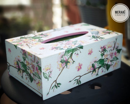 Decoupaged MDF Tissue Box Holder – Cherry Blossom Bird Garden