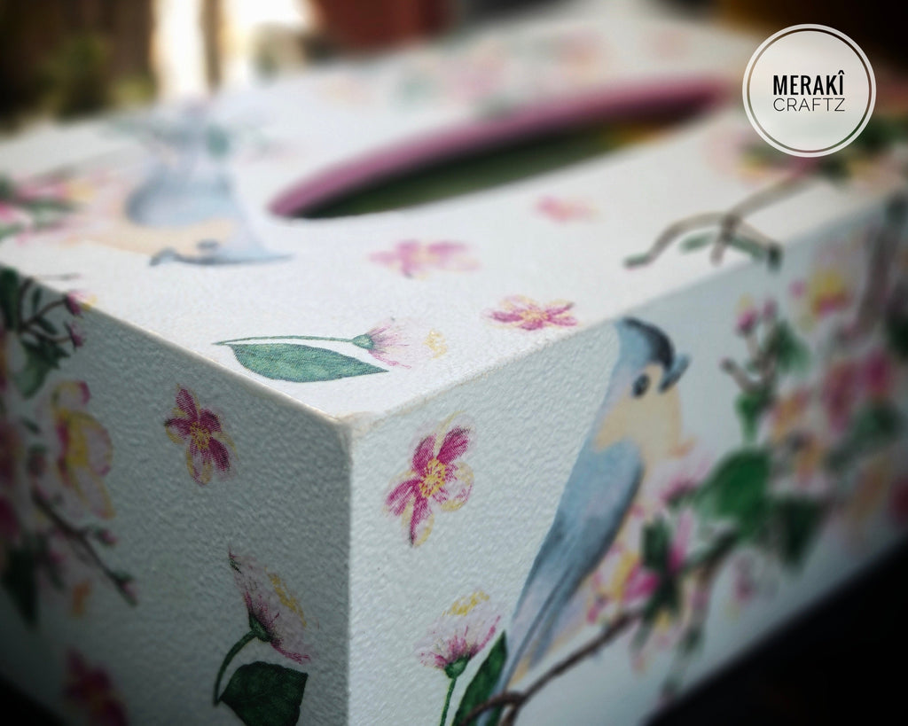 Decoupaged MDF Tissue Box Holder – Cherry Blossom Bird Garden