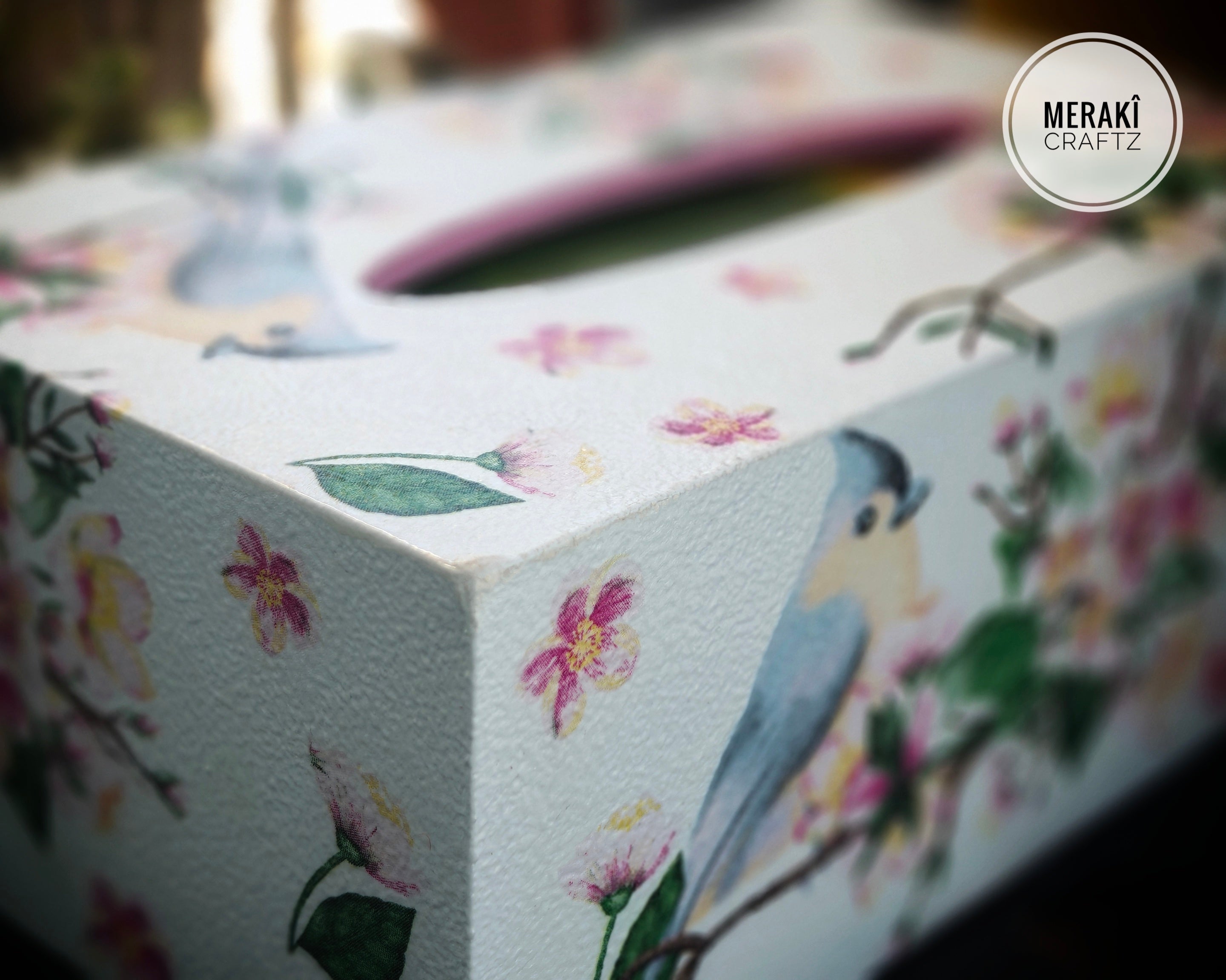 Decoupaged MDF Tissue Box Holder – Cherry Blossom Bird Garden