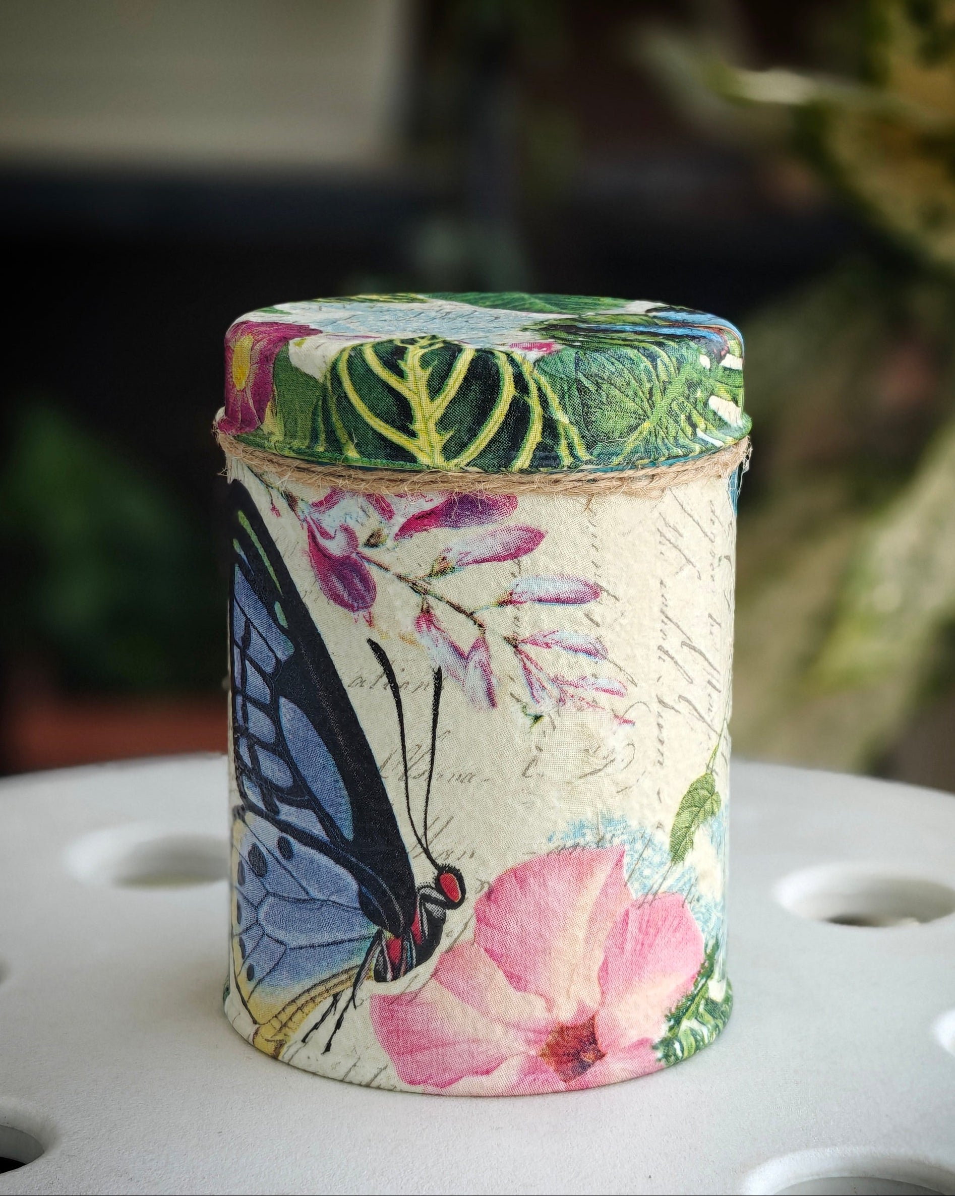 Handcrafted Upcycled Decoupaged Tin Container – Butterfly Garden Bloom