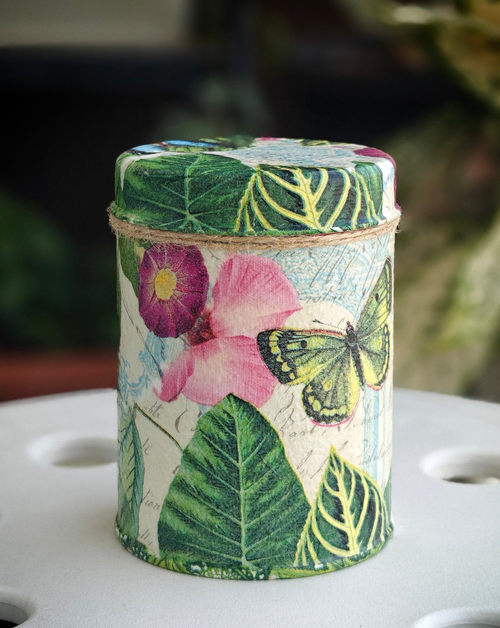 Handcrafted Upcycled Decoupaged Tin Container – Butterfly Garden Bloom