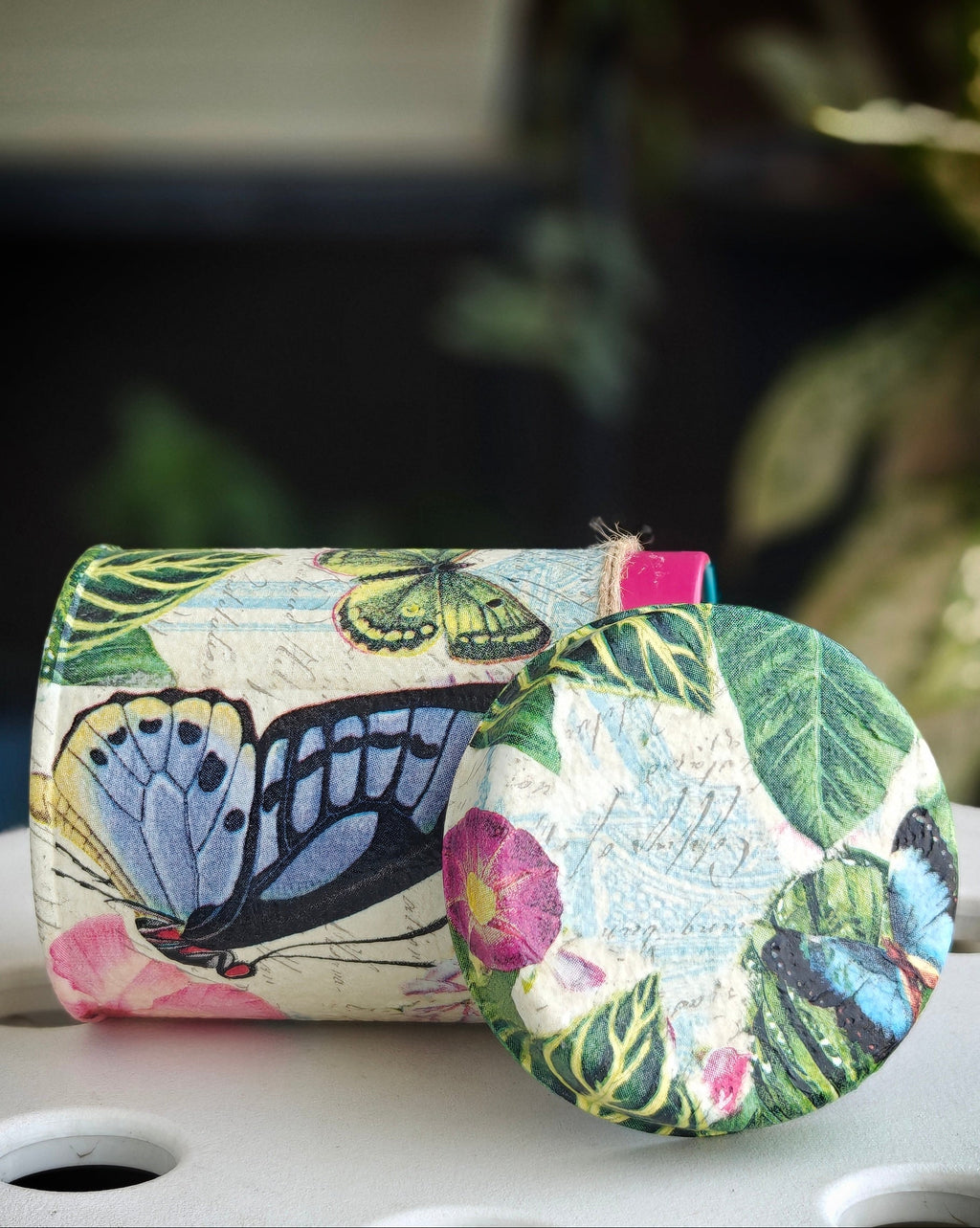 Handcrafted Upcycled Decoupaged Tin Container – Butterfly Garden Bloom