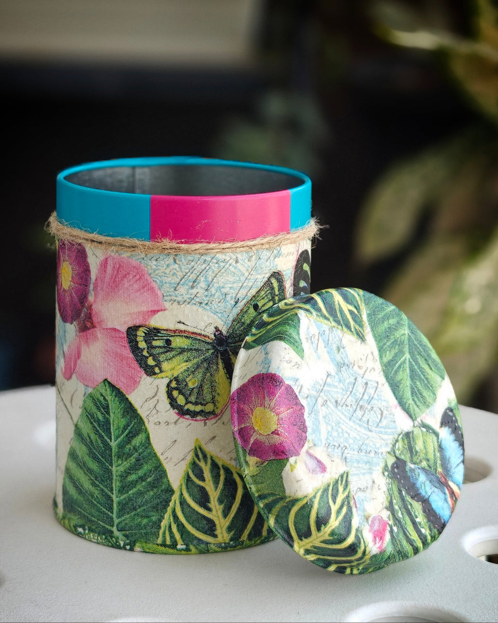 Handcrafted Upcycled Decoupaged Tin Container – Butterfly Garden Bloom
