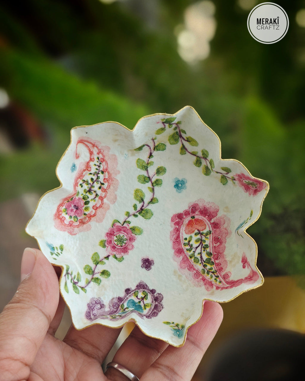 Handcrafted Upcycled Decoupaged Trinket Tray – Blush Paisley Bloom