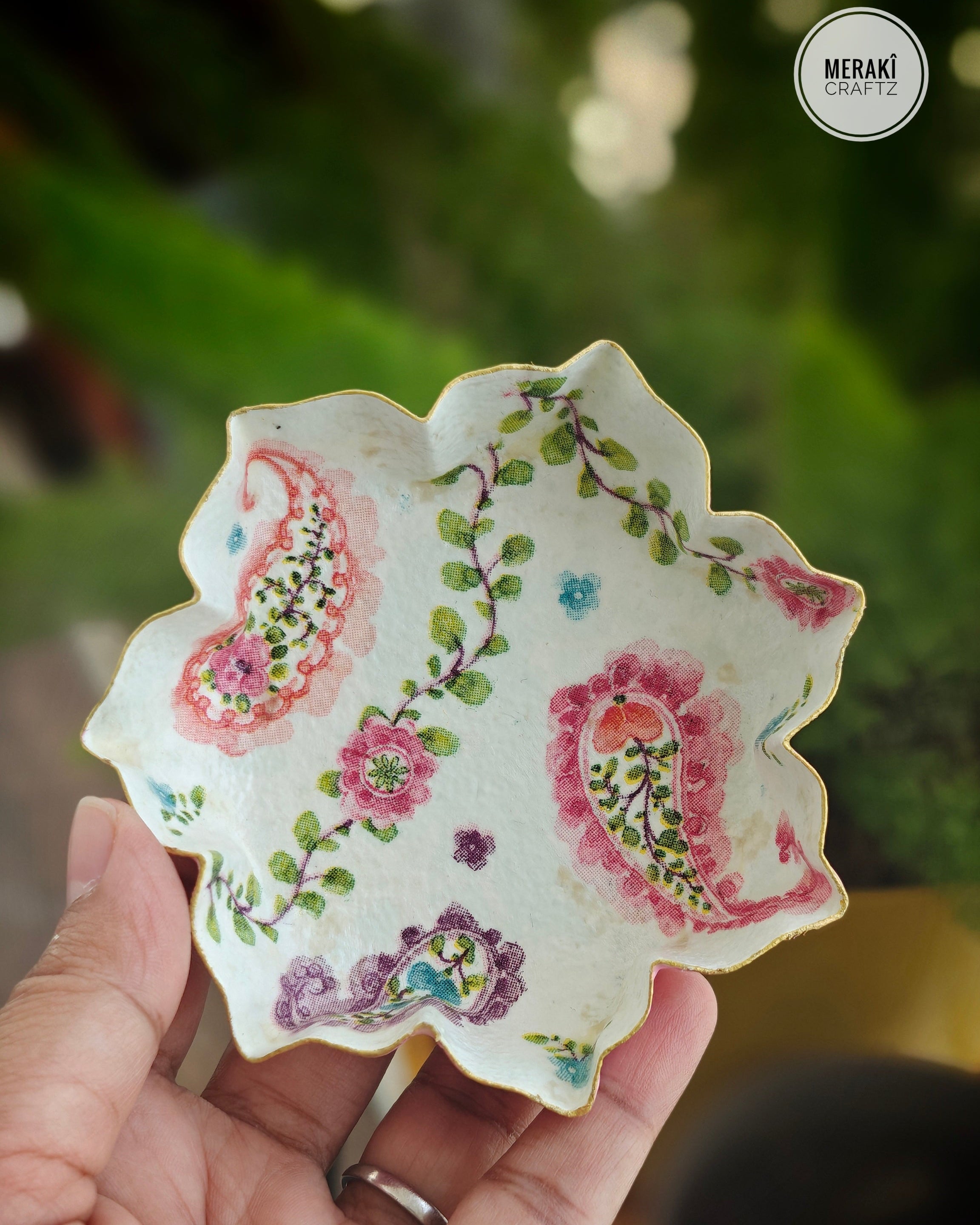 Handcrafted Upcycled Decoupaged Trinket Tray – Blush Paisley Bloom