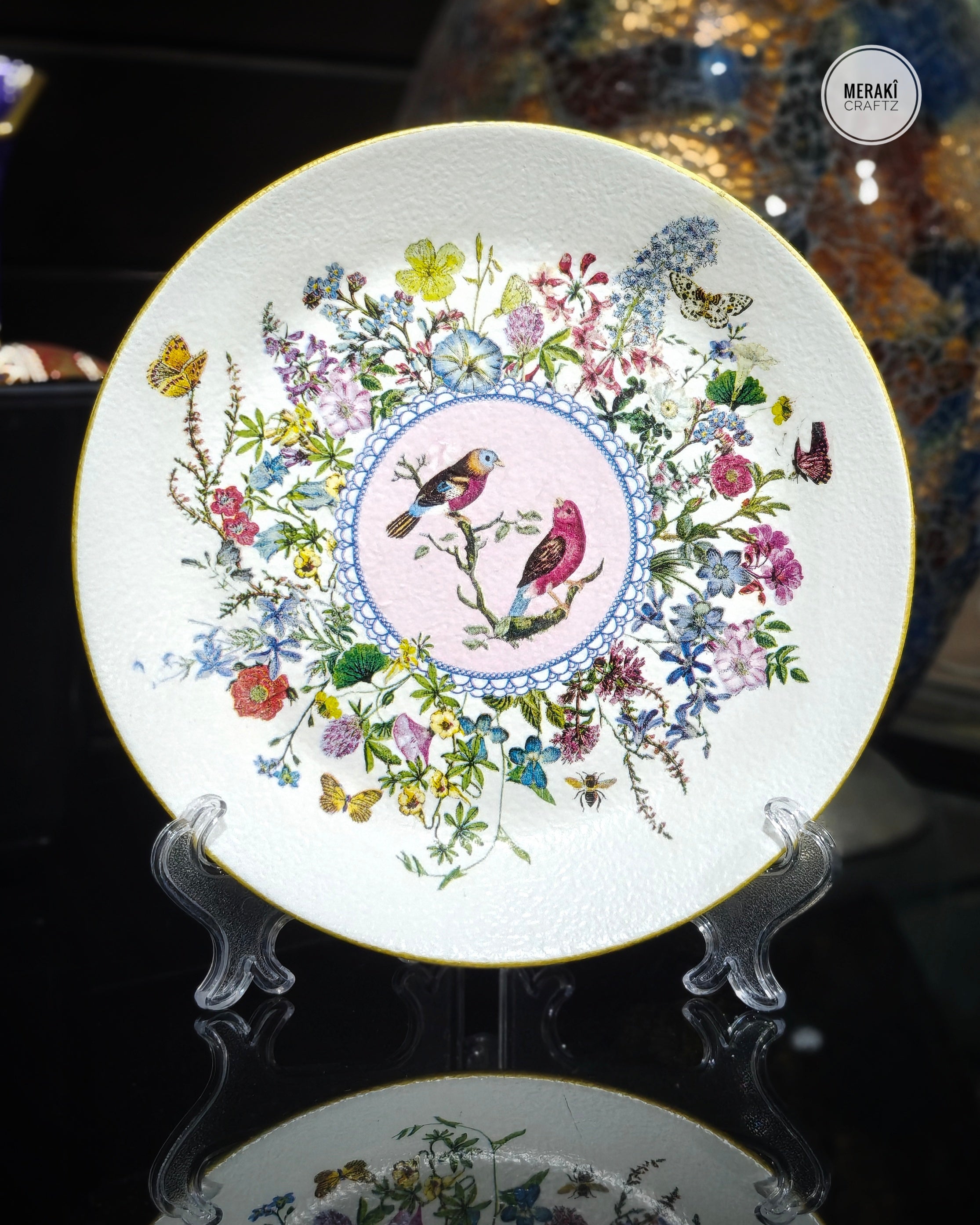 Handcrafted Decoupaged Glass Decorative Plate – Vintage Songbird Garden