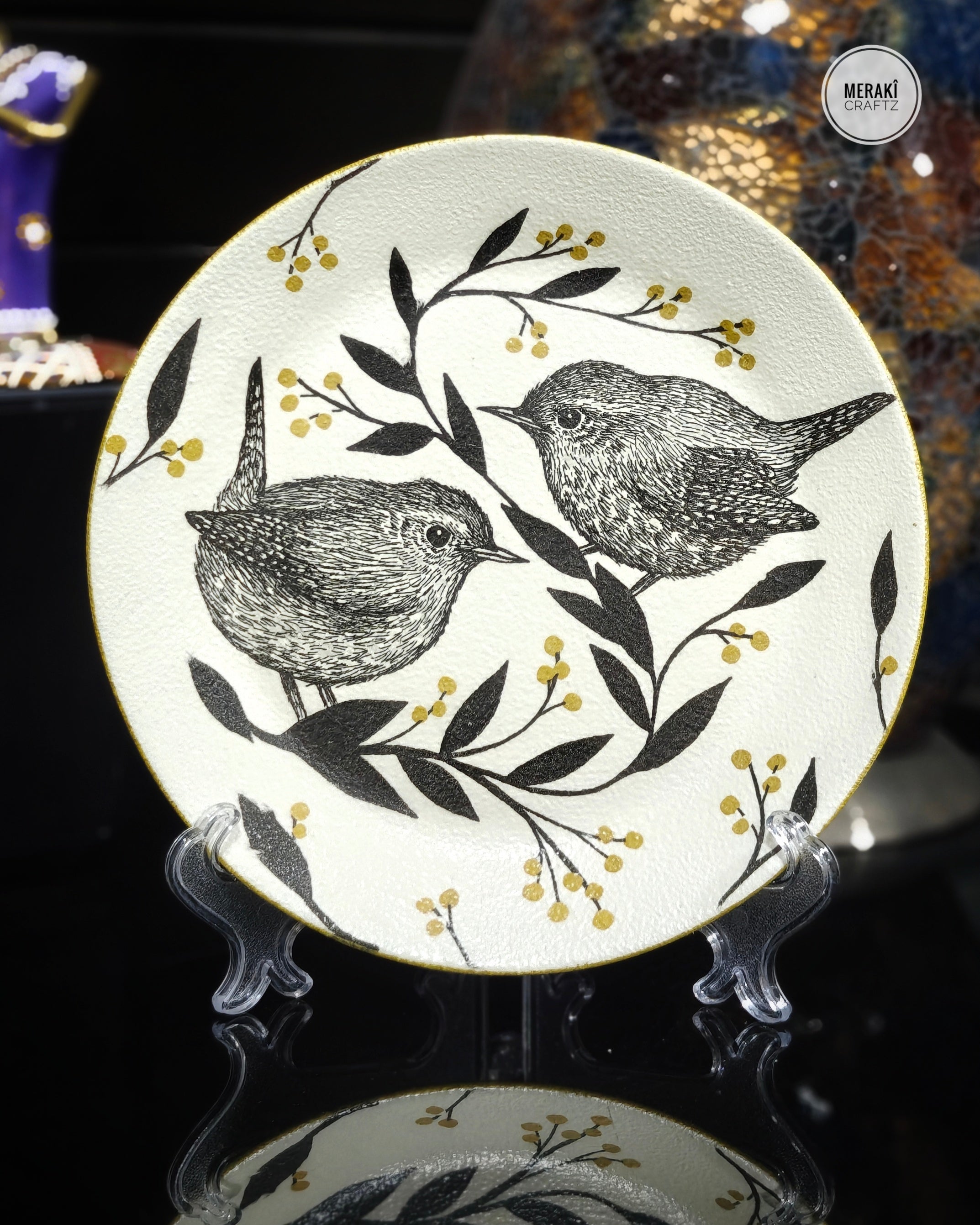 Handcrafted Decoupaged Glass Decorative Plate – Woodland Bird Duo