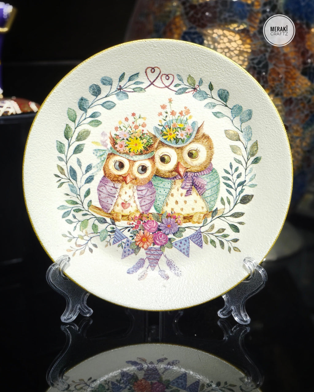 Handcrafted Decoupaged Glass Decorative Plate – Floral Owl Pair