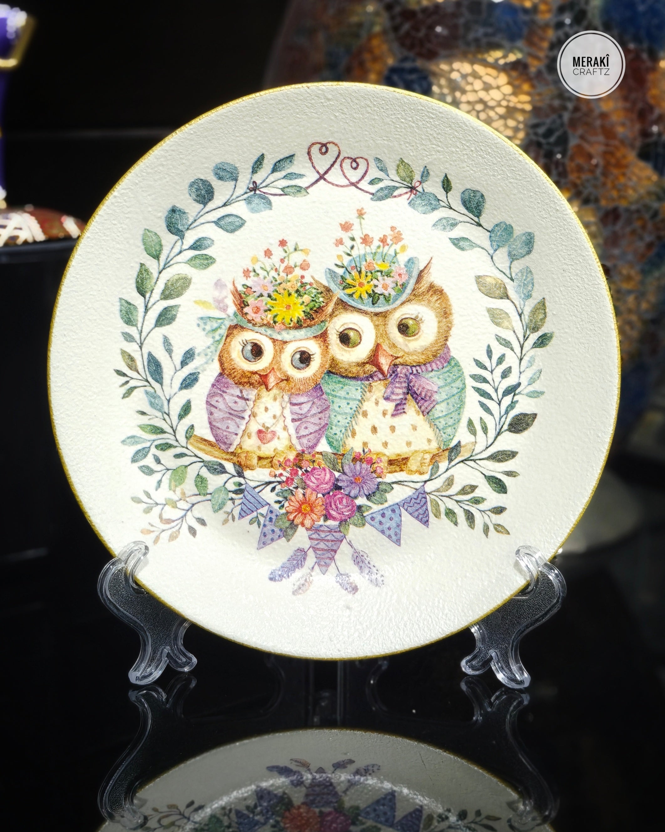 Handcrafted Decoupaged Glass Decorative Plate – Floral Owl Pair