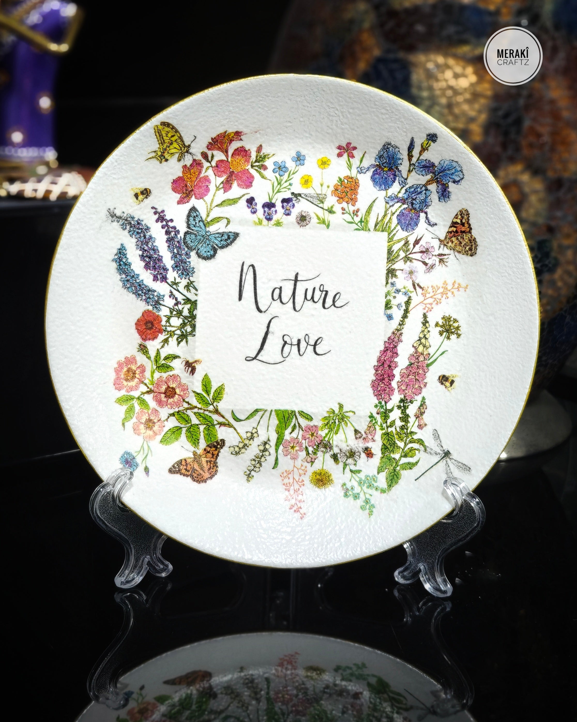 Handcrafted Decoupaged Glass Decorative Plate – Nature Love