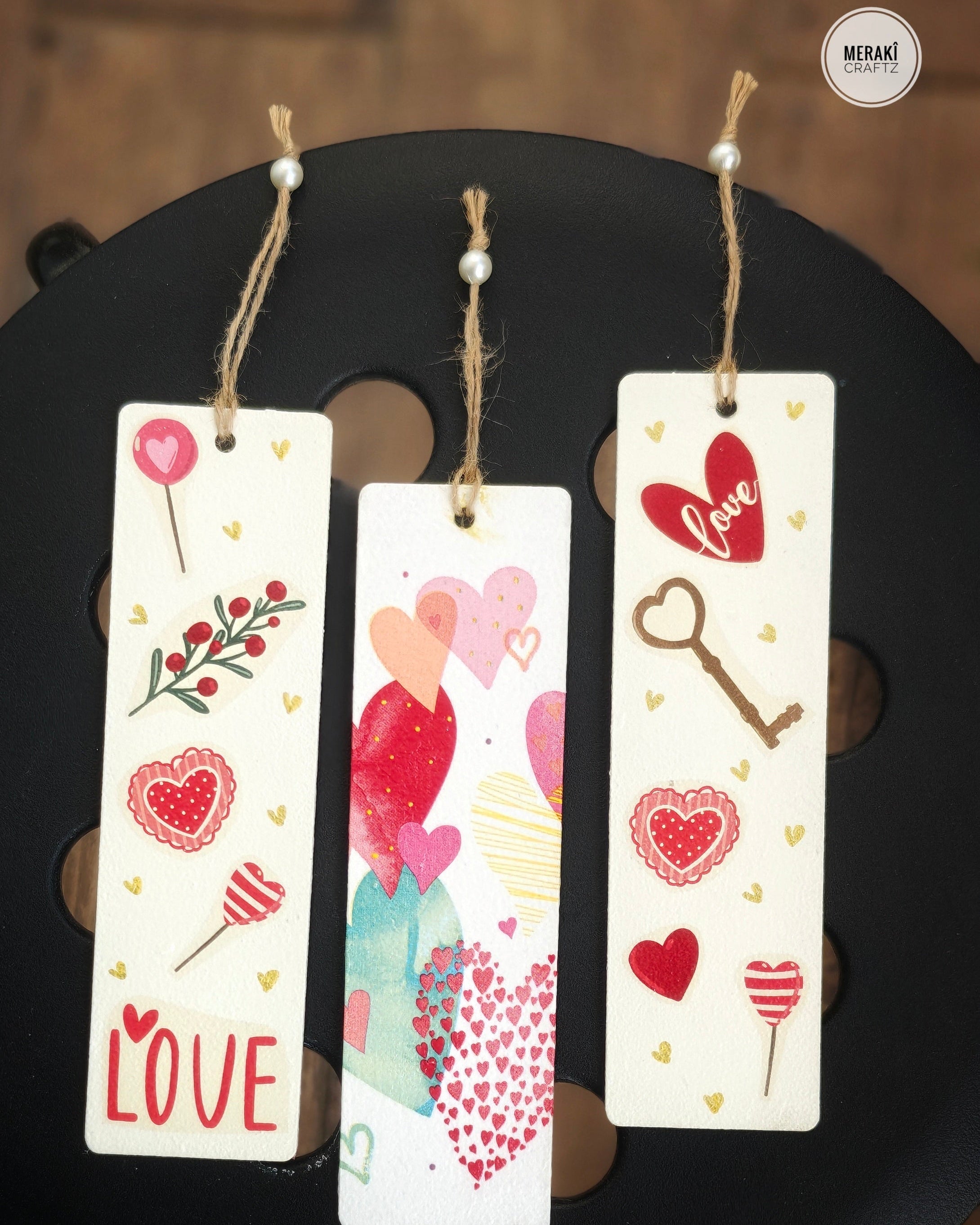 Handcrafted Double-Sided Decoupaged MDF Bookmark – Hearts