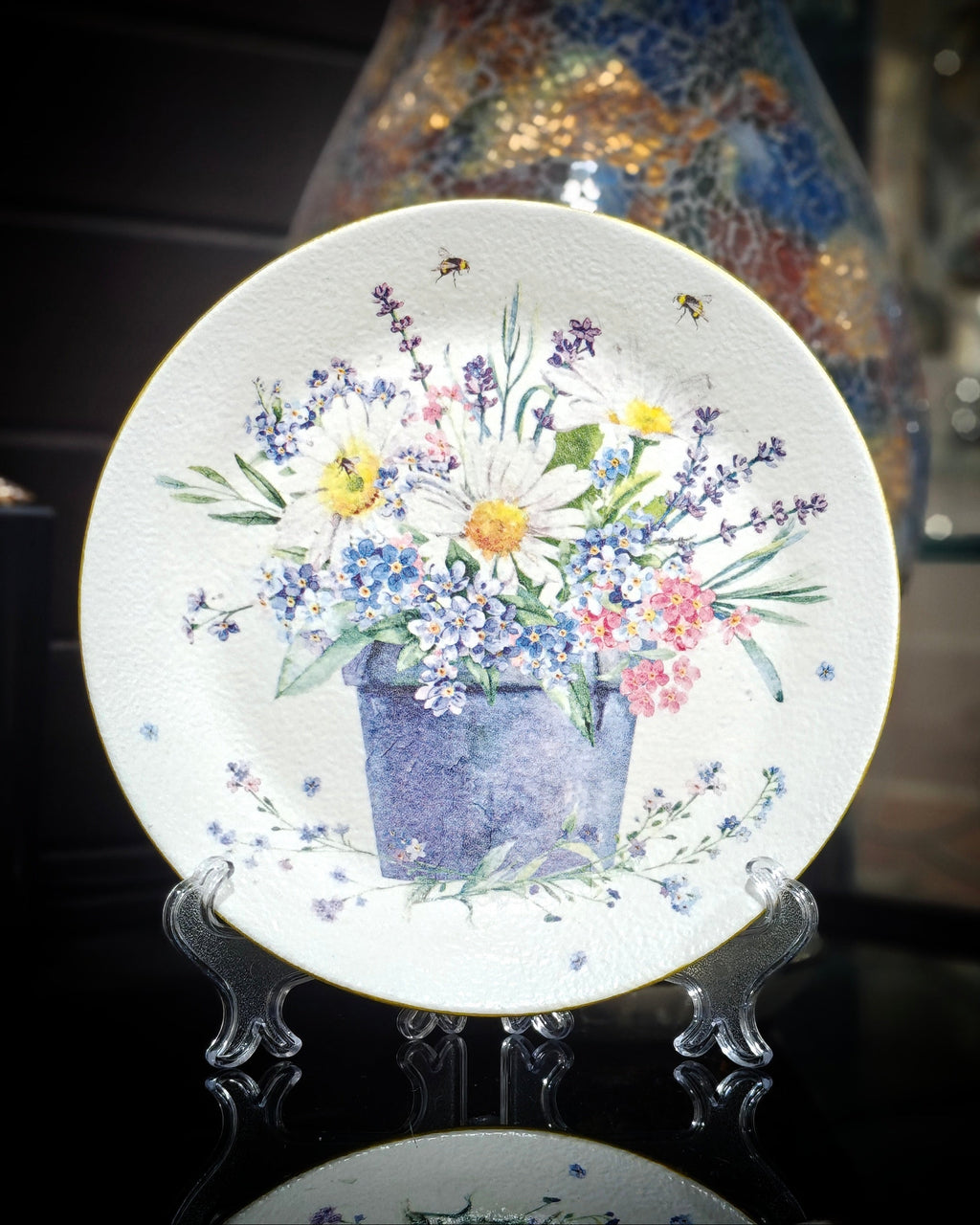 Handcrafted Decoupaged Glass Decorative Plate – Wildflower Bouquet