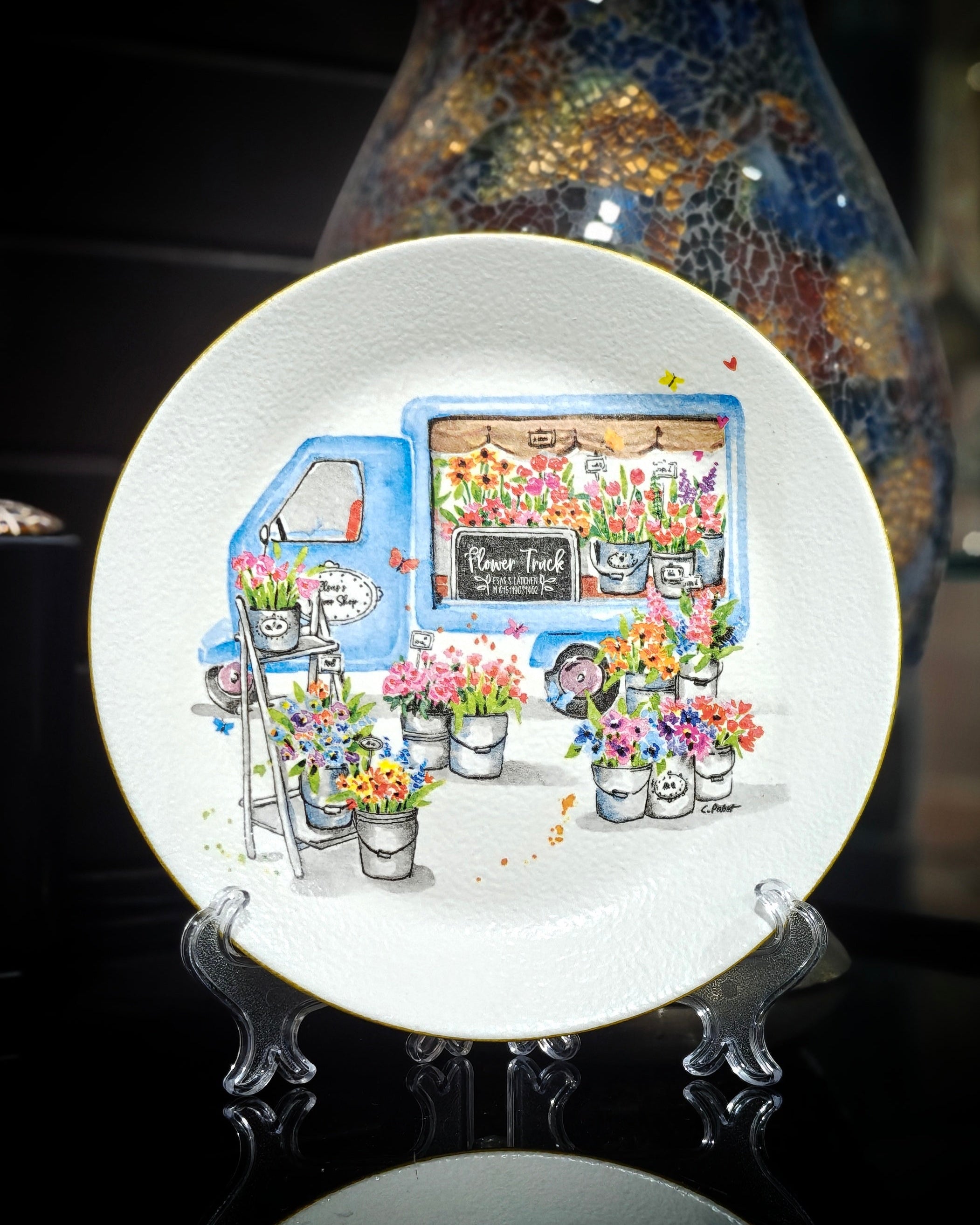 Handcrafted Decoupaged Glass Decorative Plate – Flower Market Truck